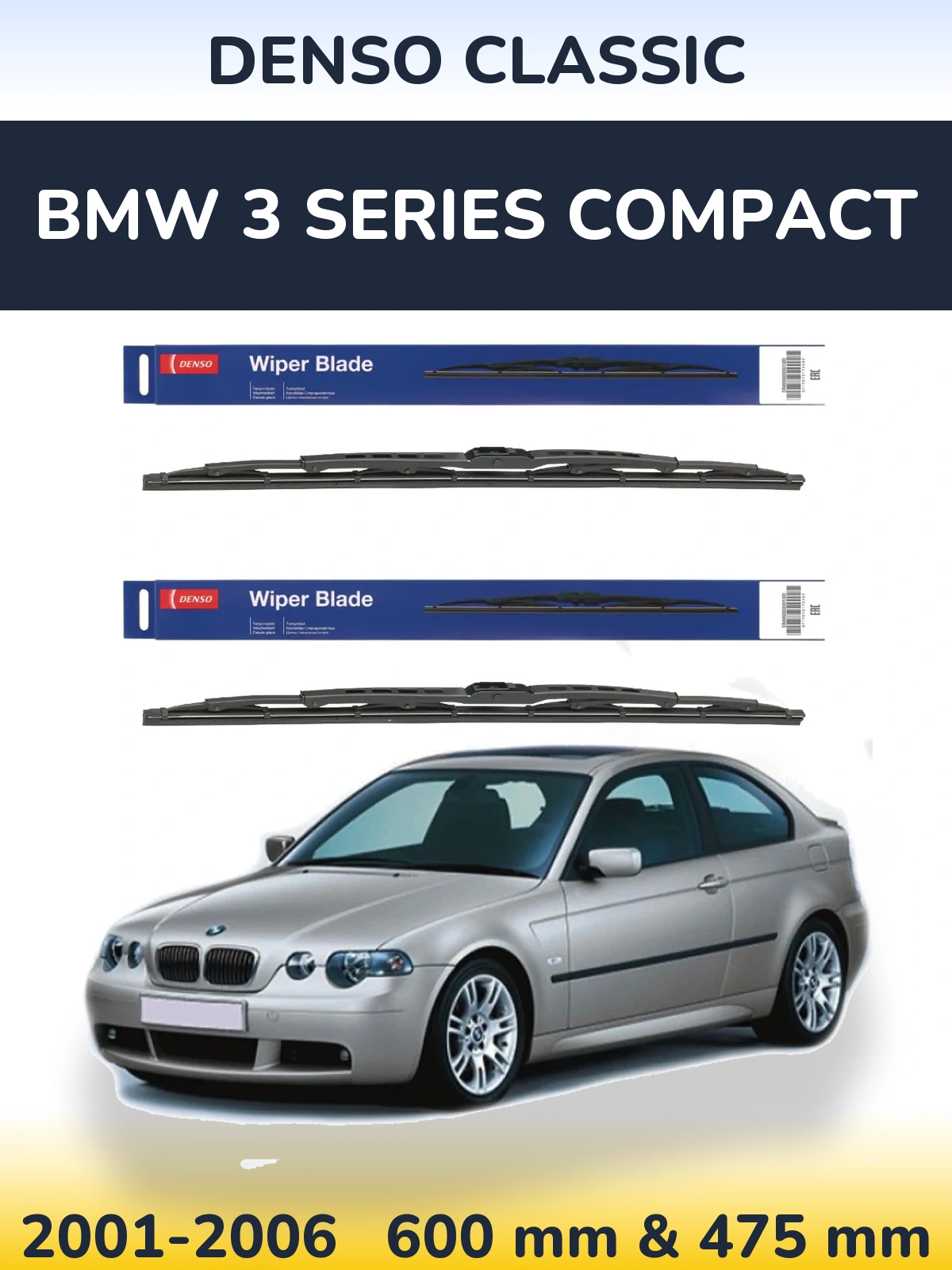 Front wiper blade set Denso Classic 600 & 475 mm for BMW 3 Series Compact 2001-2006