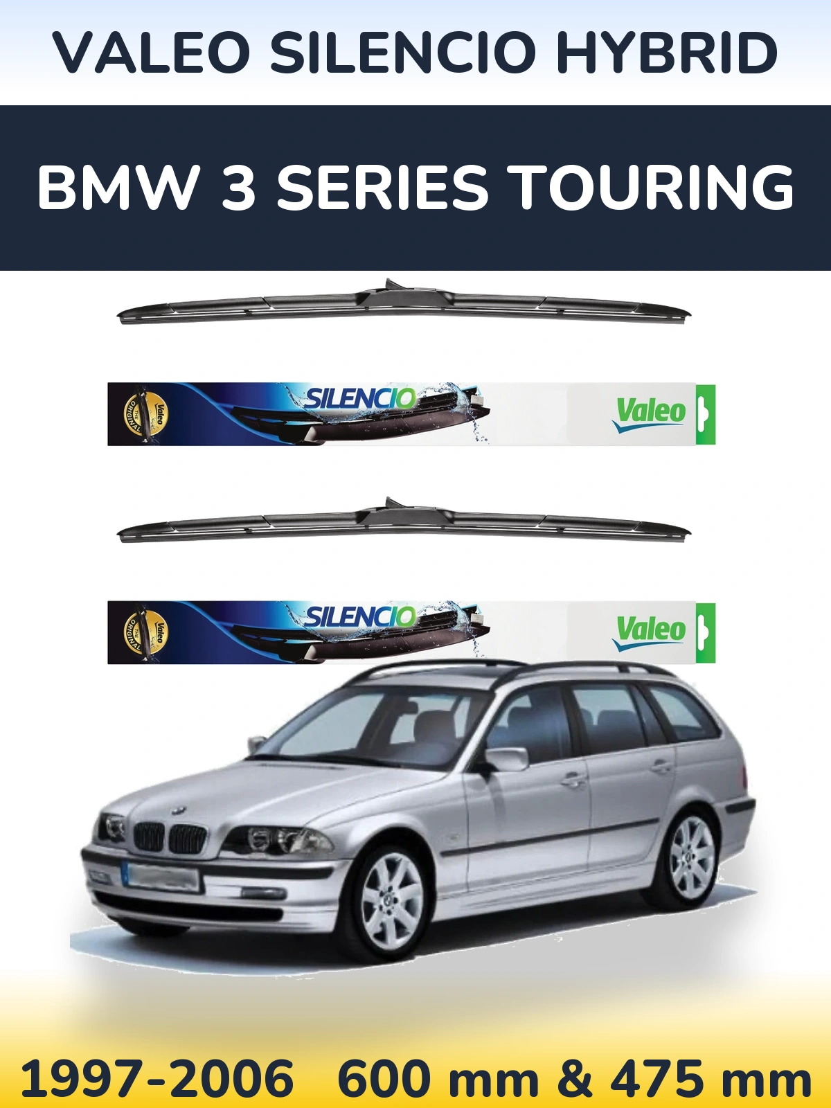 Комплект передних дворников Valeo Silencio Hybrid 600 & 475 мм для BMW 3 Series Touring 1997-2006