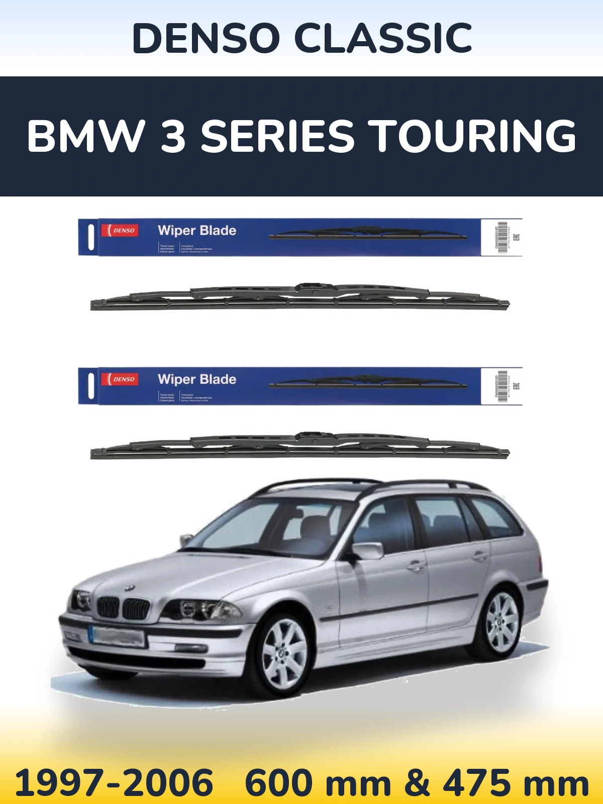 Front wiper blade set Denso Classic 600 & 475 mm for BMW 3 Series Touring 1997-2006