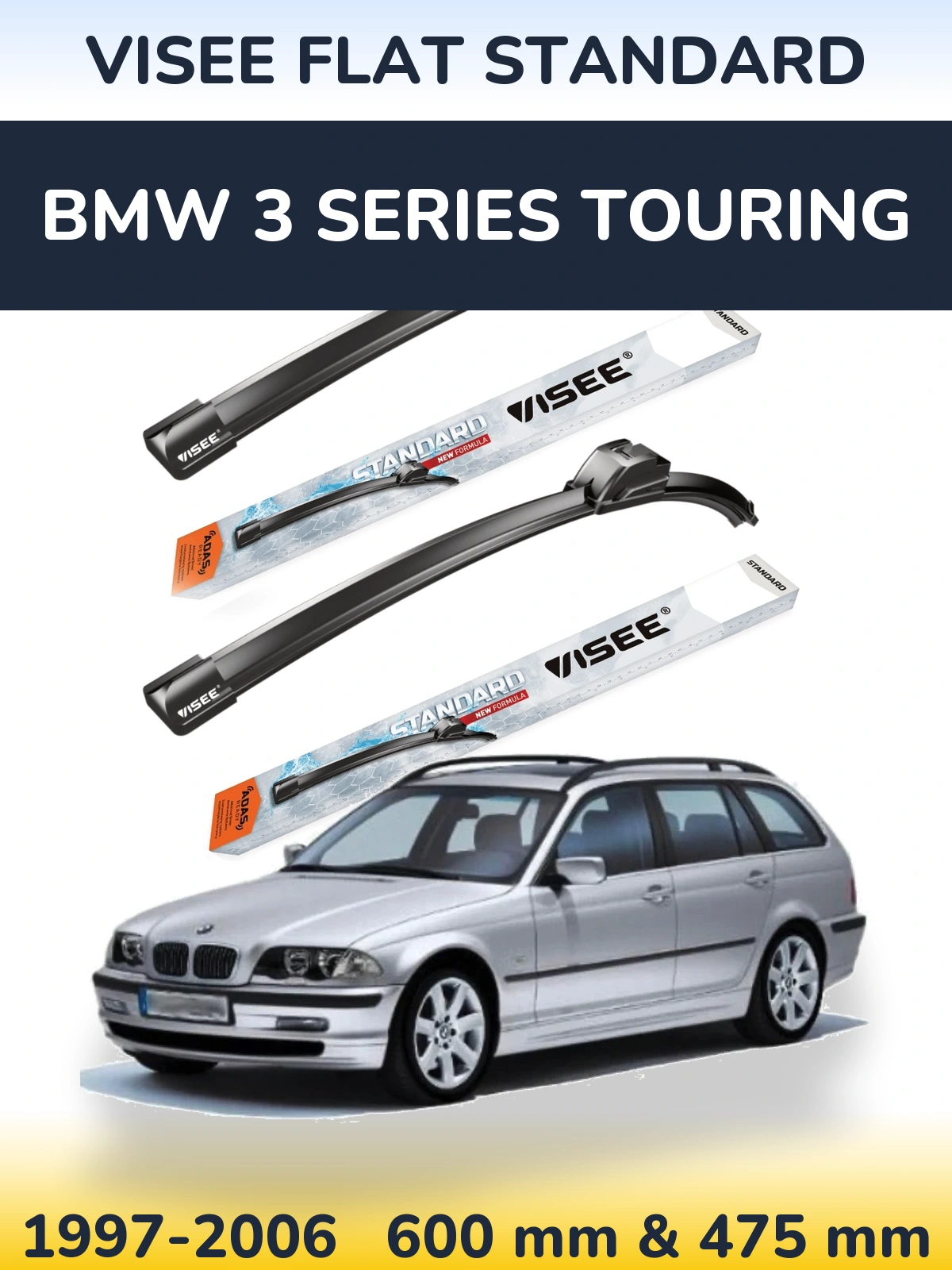 Front wiper blade set VISEE FLAT STANDARD 600 & 475 mm for BMW 3 Series Touring 1997-2006
