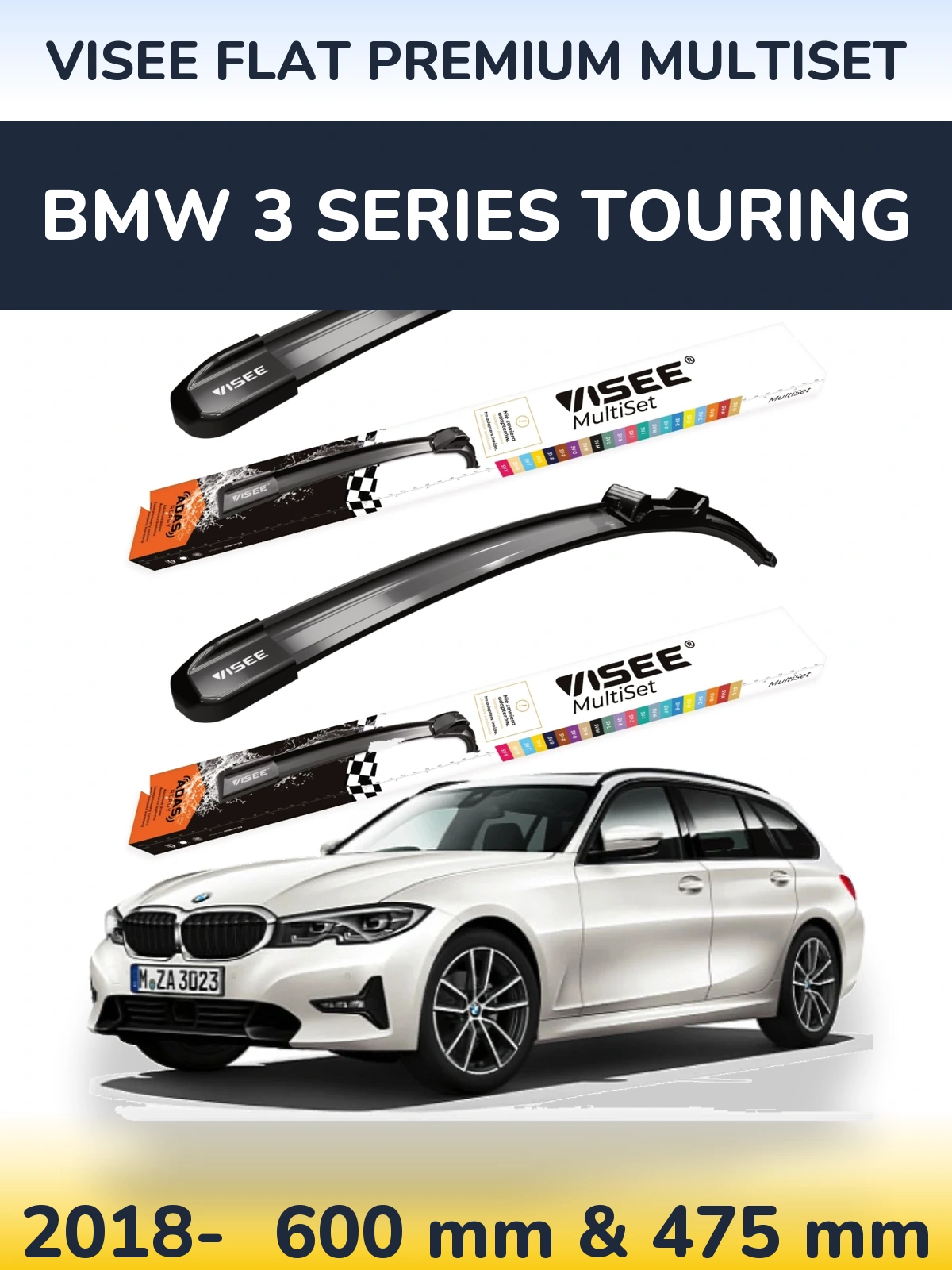 Front wiper blade set VISEE FLAT PREMIUM MultiSet 600 & 475 mm for BMW 3 Series Touring 2018-2026