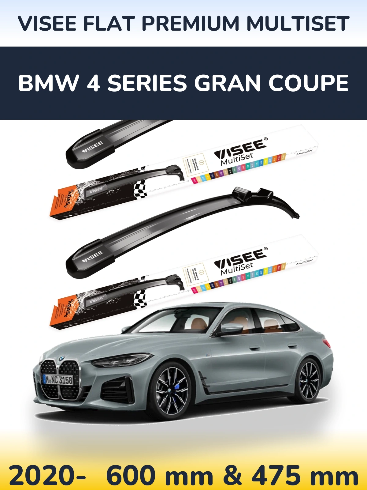 Front wiper blade set VISEE FLAT PREMIUM MultiSet 600 & 475 mm for BMW 4 Series Gran Coupe 2020-2026