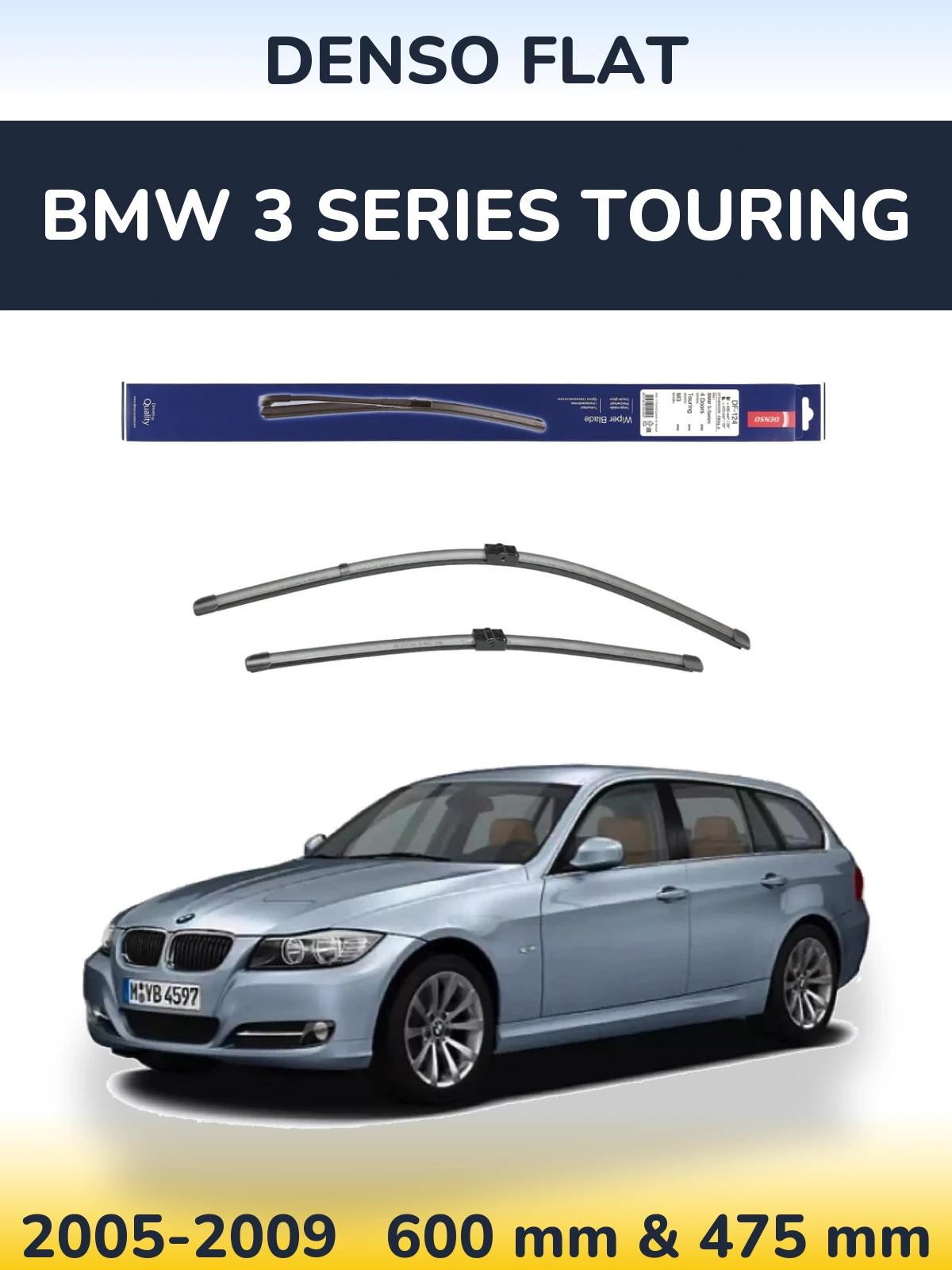 Front wiper blade set Denso Flat 600 & 475 mm for BMW 3 Series Touring 2005-2009