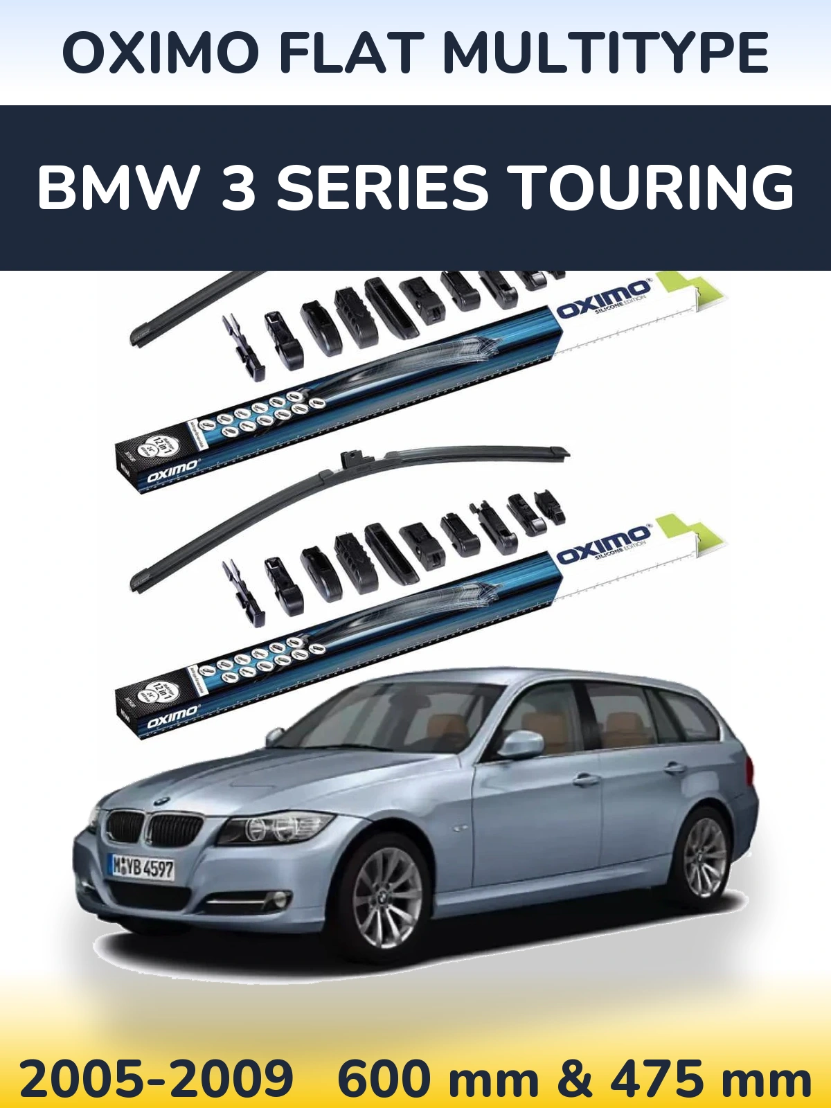 Front wiper blade set Oximo Flat MultiTipse 600 & 475 mm for BMW 3 Series Touring 2005-2009