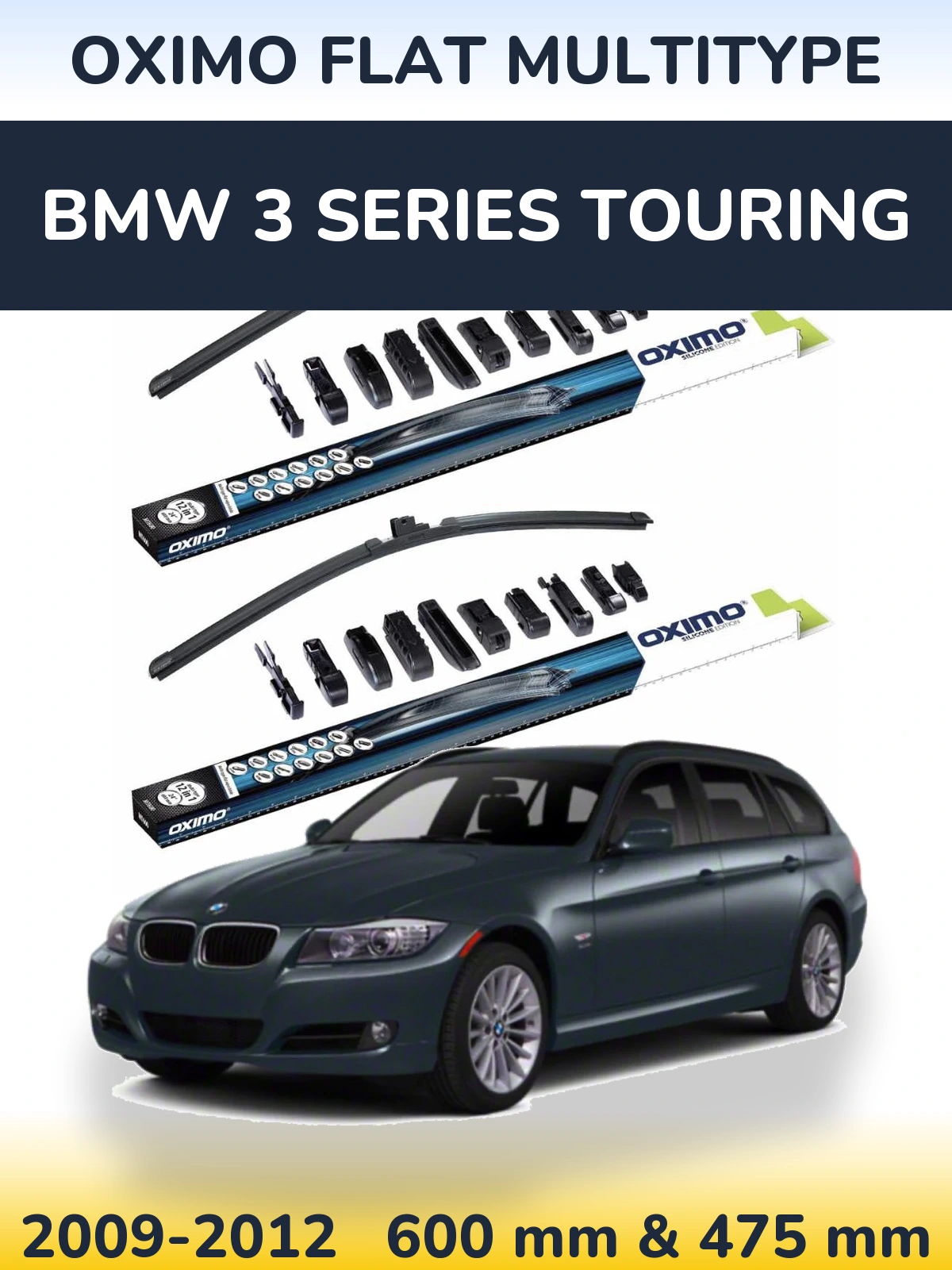 Front wiper blade set Oximo Flat MultiTypee 600 & 475 mm for BMW 3 Series Touring 2009-2012