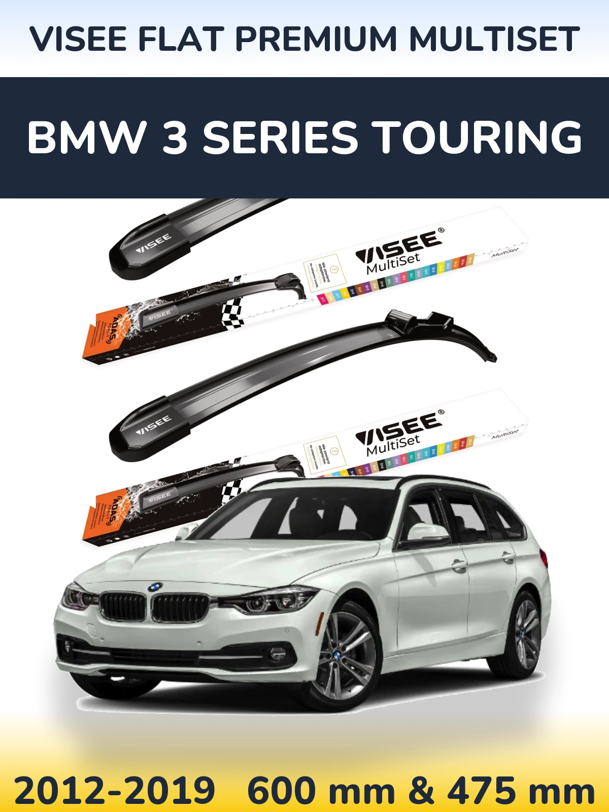 Front wiper blade set VISEE FLAT PREMIUM MultiSet 600 & 475 mm for BMW 3 Series Touring 2012-2019