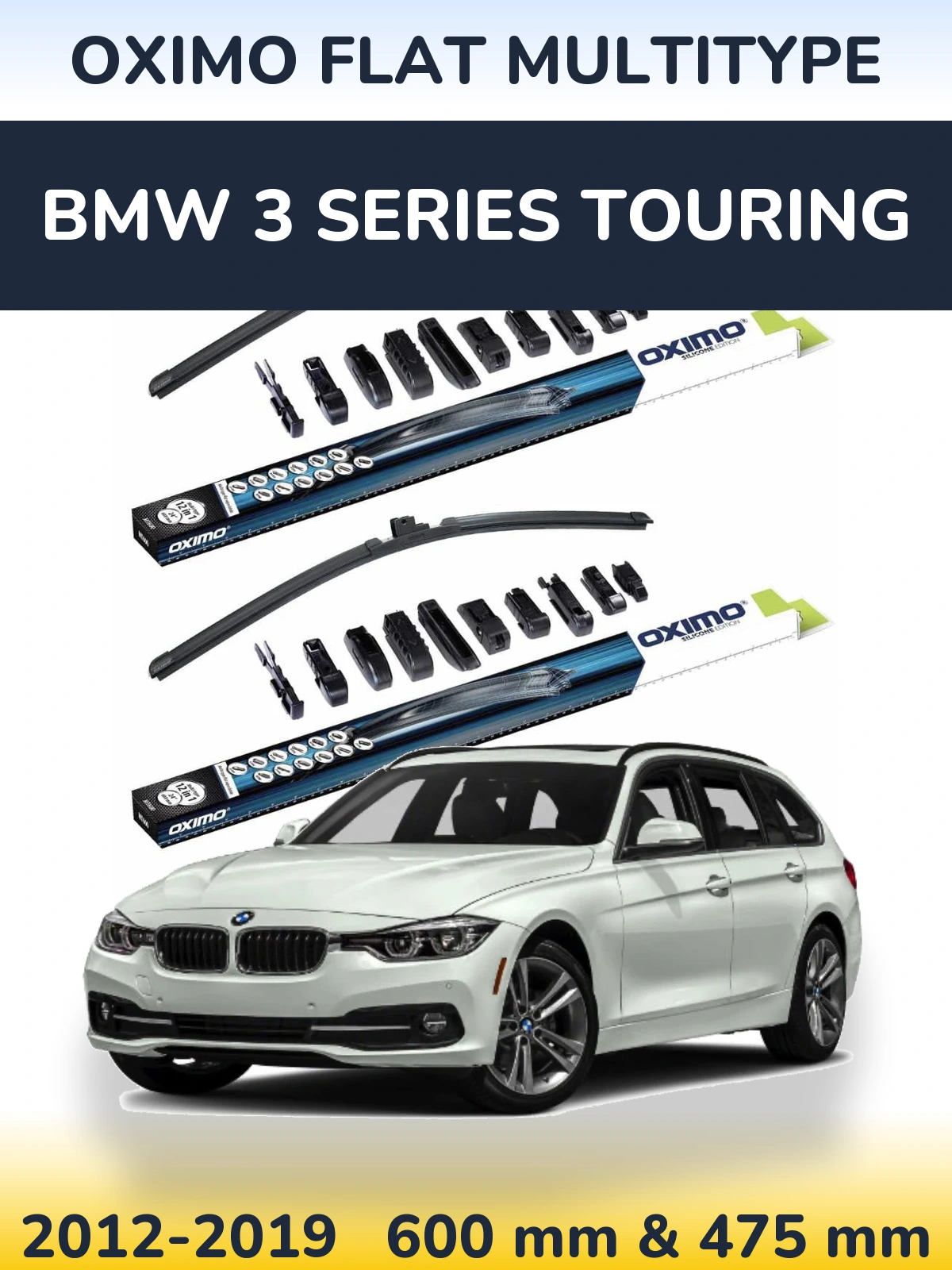 Front wiper blade set Oximo Flat MultiTipse 600 & 475 mm for BMW 3 Series Touring 2012-2019