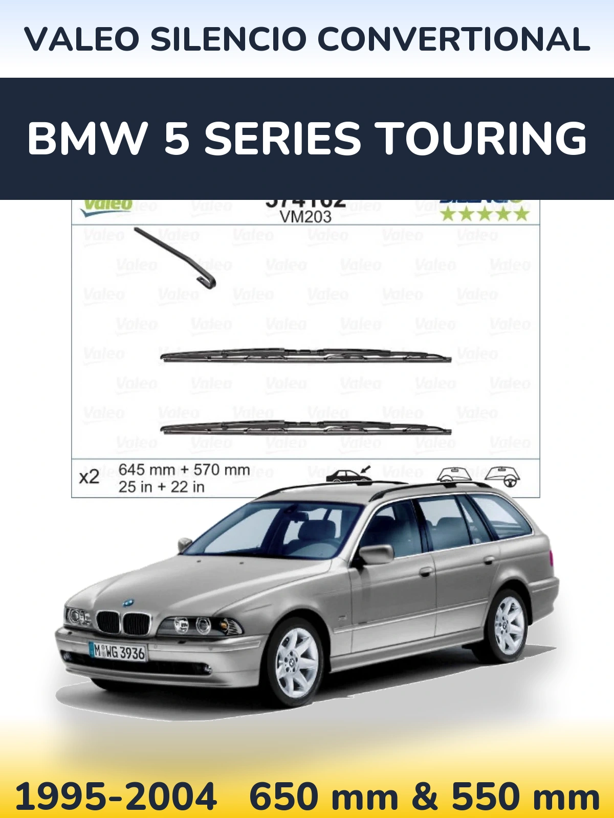 Front wiper blade set Valeo Silencio Convertional 645 & 570 mm for BMW 5 Series Touring 1995-2004