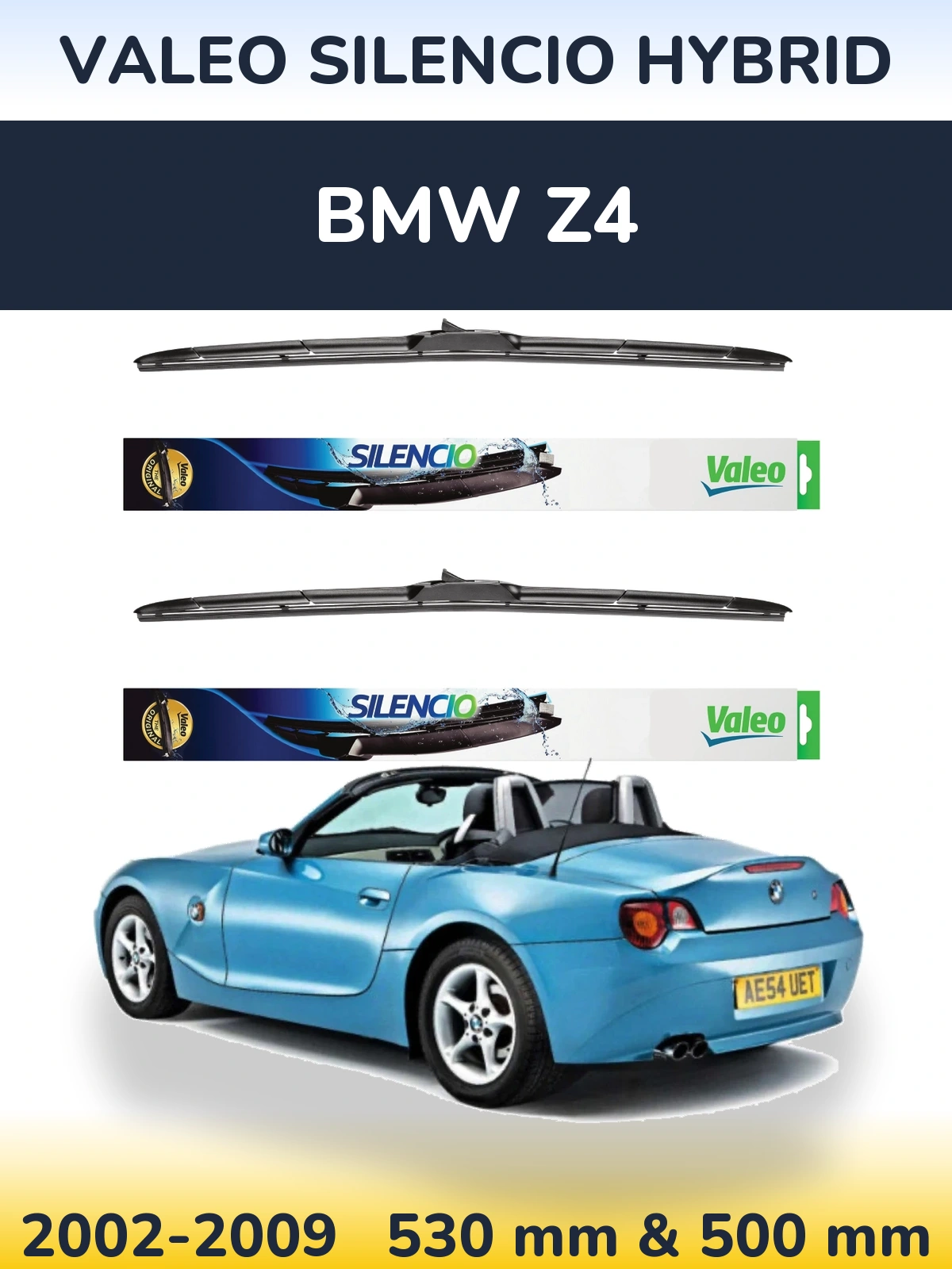 Front wiper blade set Valeo Silencio Hybrid 530 & 500 mm for BMW Z4 2002-2009