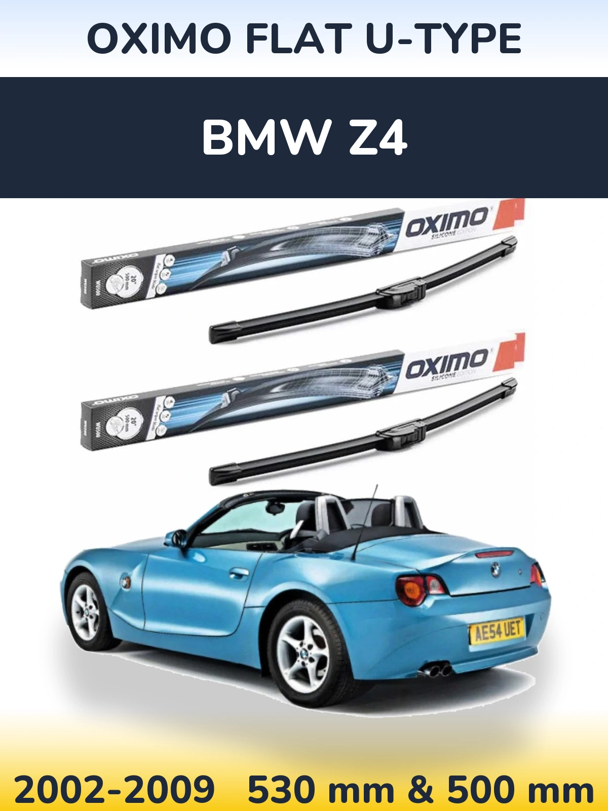 Front wiper blade set Oximo Flat U-type 530 & 500 mm for BMW Z4 2002-2009