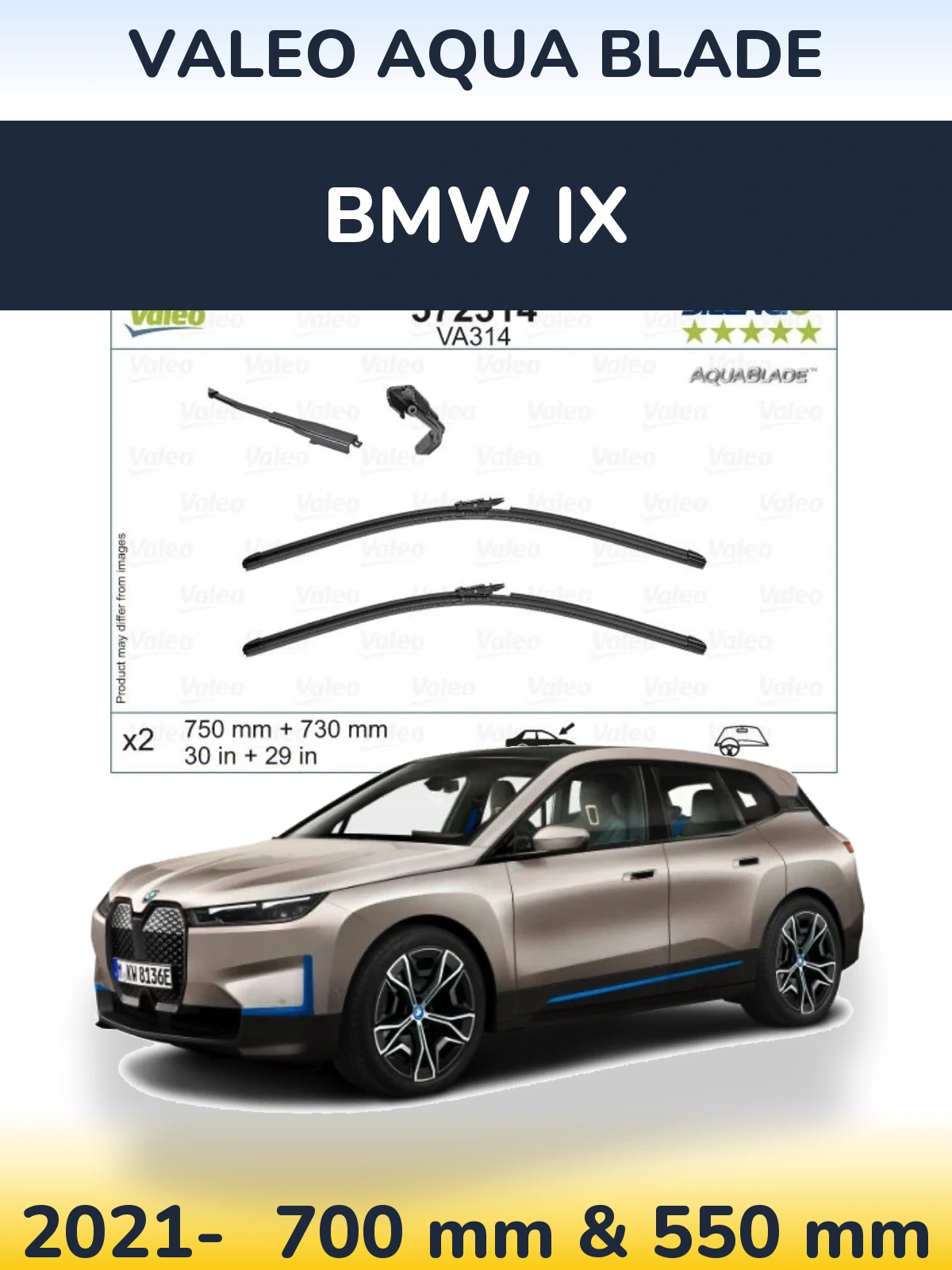 Front wiper blade set Valeo Aqua Blade 700 & 550 mm for BMW iX 2021-2026