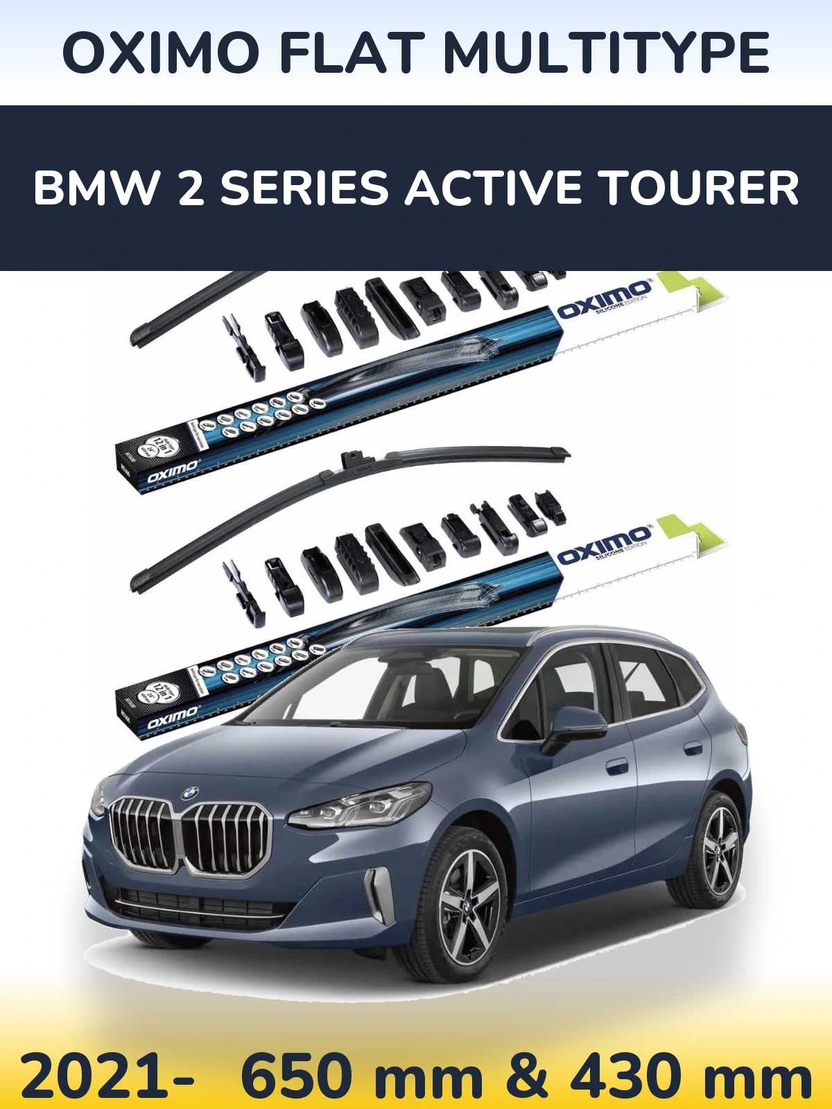 Front wiper blade set Oximo Flat MultiTipse 650 & 430 mm for BMW 2 Series Active Tourer 2021-2026