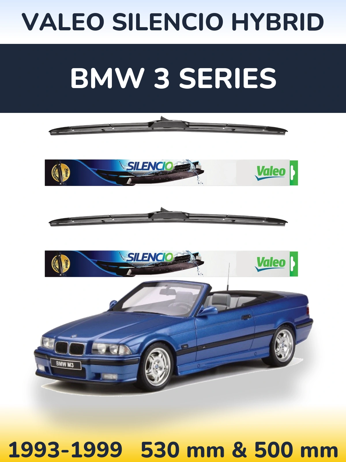 Front wiper blade set Valeo Silencio Hybrid 530 & 500 mm for BMW 3 Series 1993-1999
