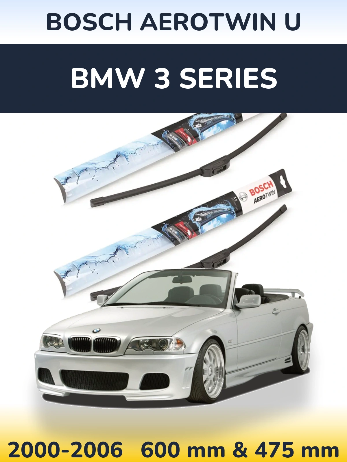 Комплект передніх щіток BOSCH AeroTwin U 600 & 475 мм для BMW 3 Series 2000-2006