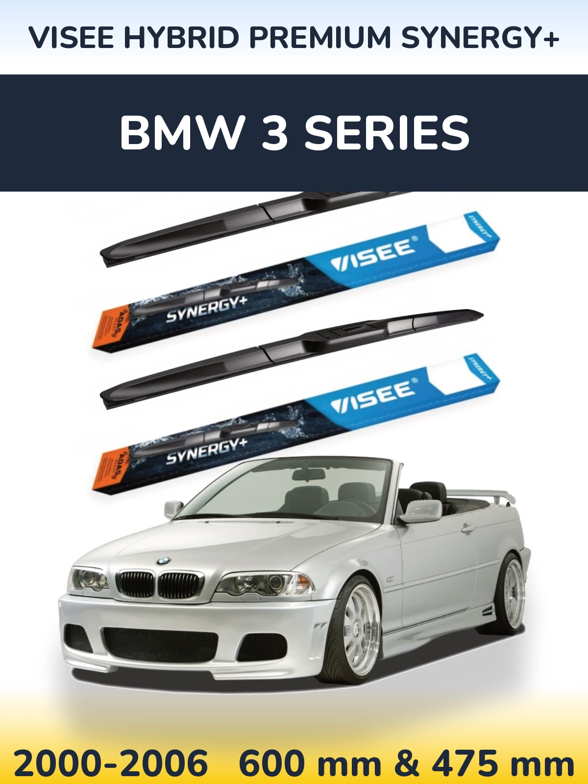 Front wiper blade set VISEE HYBRID PREMIUM SYNERGY+ 600 & 475 mm for BMW 3 Series 2000-2006