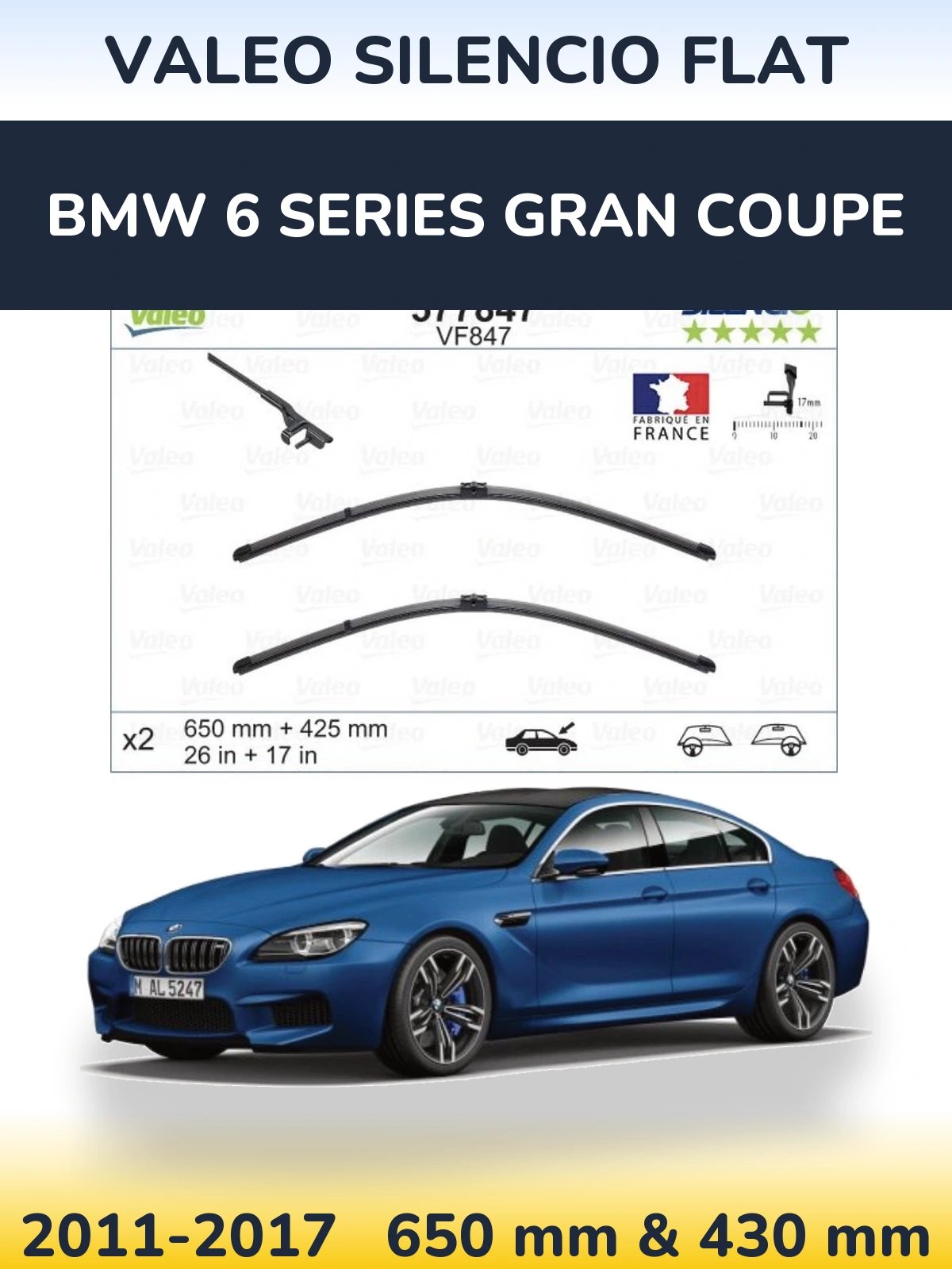 Front wiper blade set Valeo Silencio Flat 650 & 430 mm for BMW 6 Series Gran Coupe 2011-2017