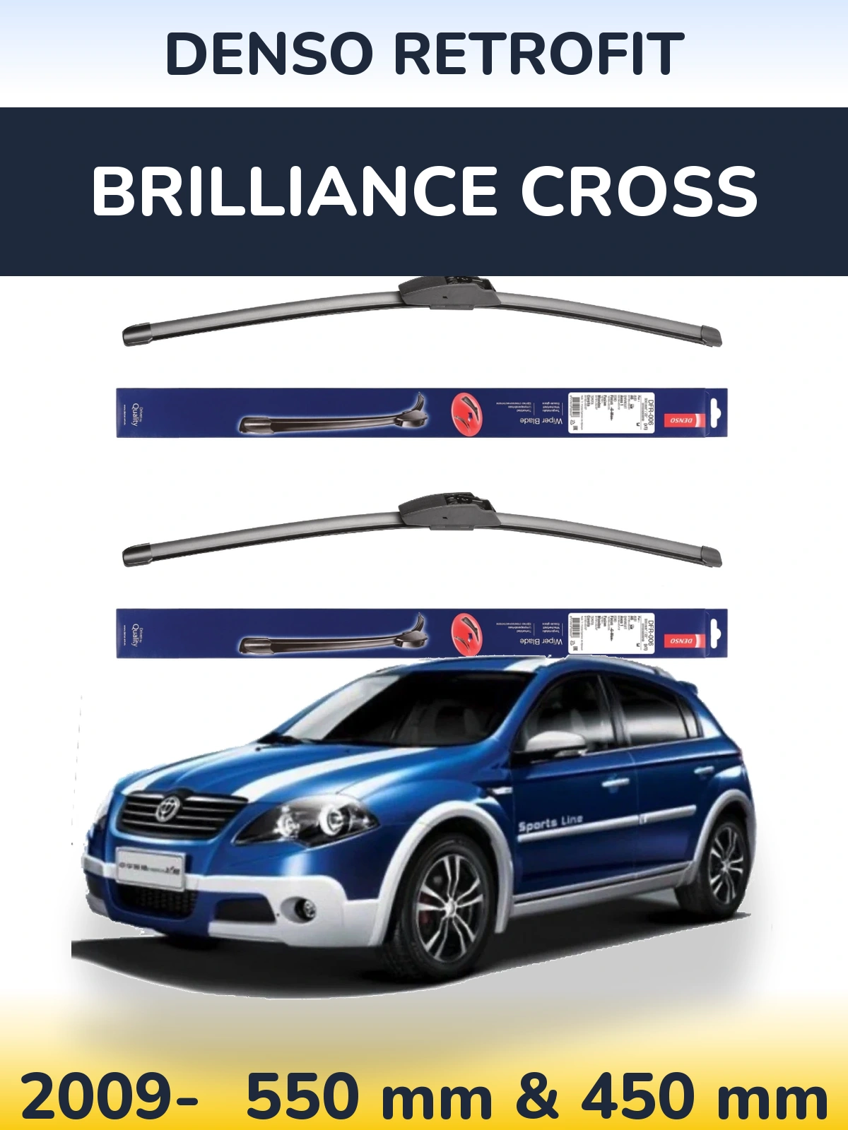 Front wiper blade set Denso Retrofit 550 & 450 mm for Brilliance Cross 2009-2026
