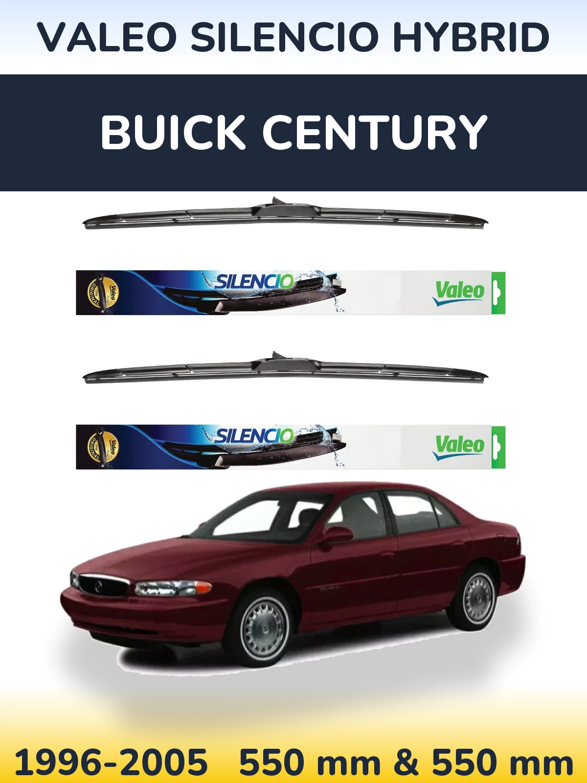 Front wiper blade set Valeo Silencio Hybrid 550 & 550 mm for Buick Century 1996-2005