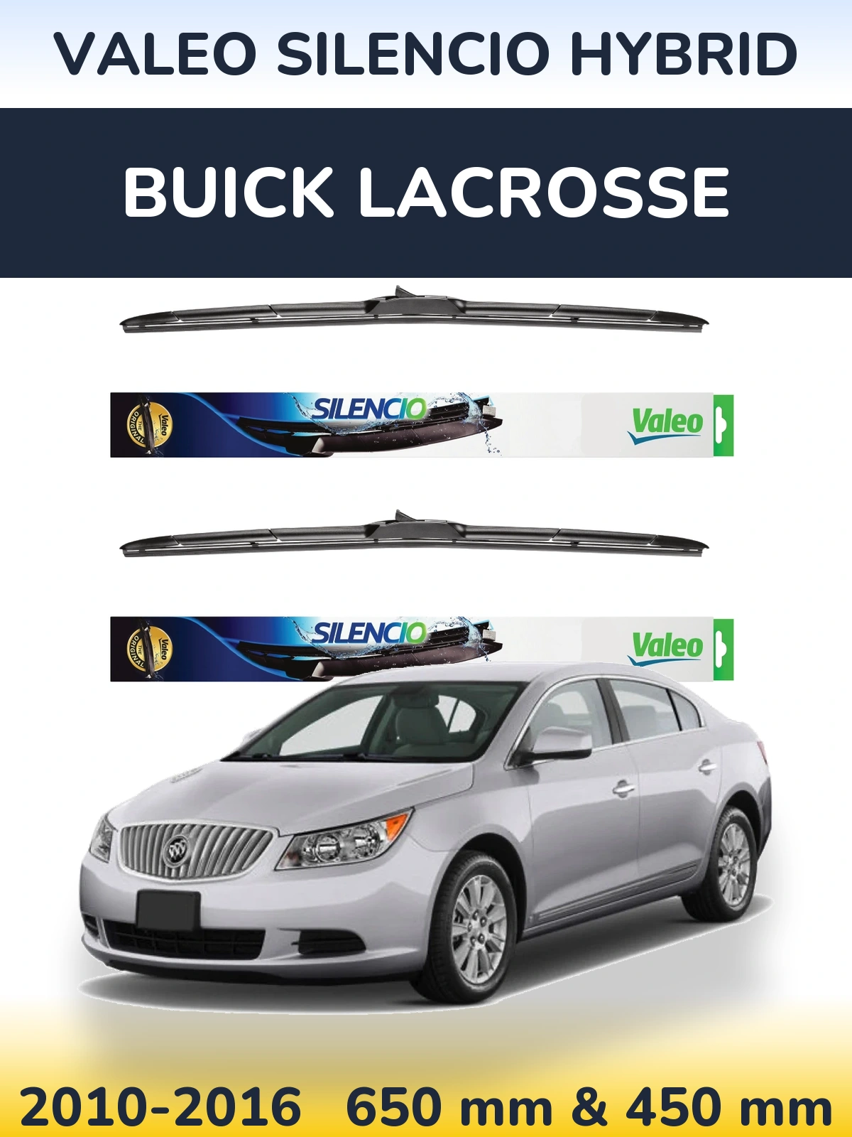 Front wiper blade set Valeo Silencio Hybrid 650 & 450 mm for Buick LaCrosse 2010-2016