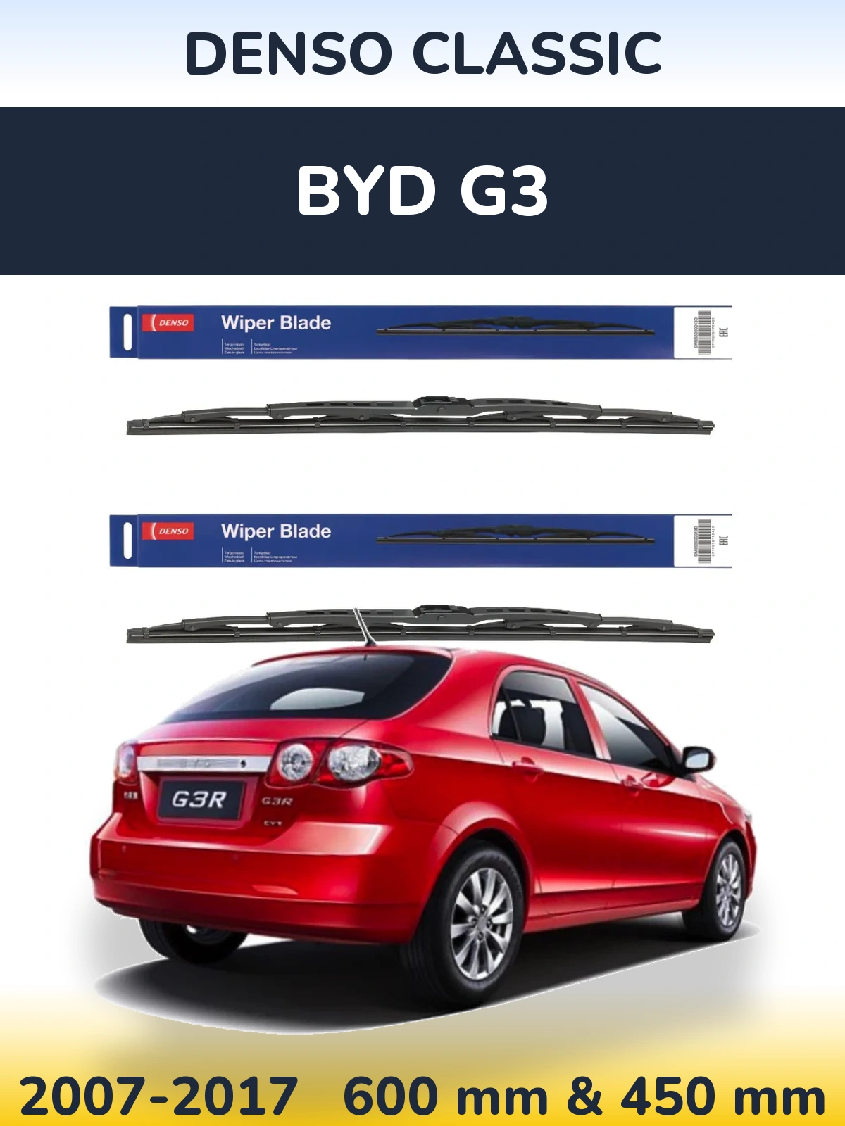 Front wiper blade set Denso Classic 600 & 450 mm for BYD G3 2007-2017