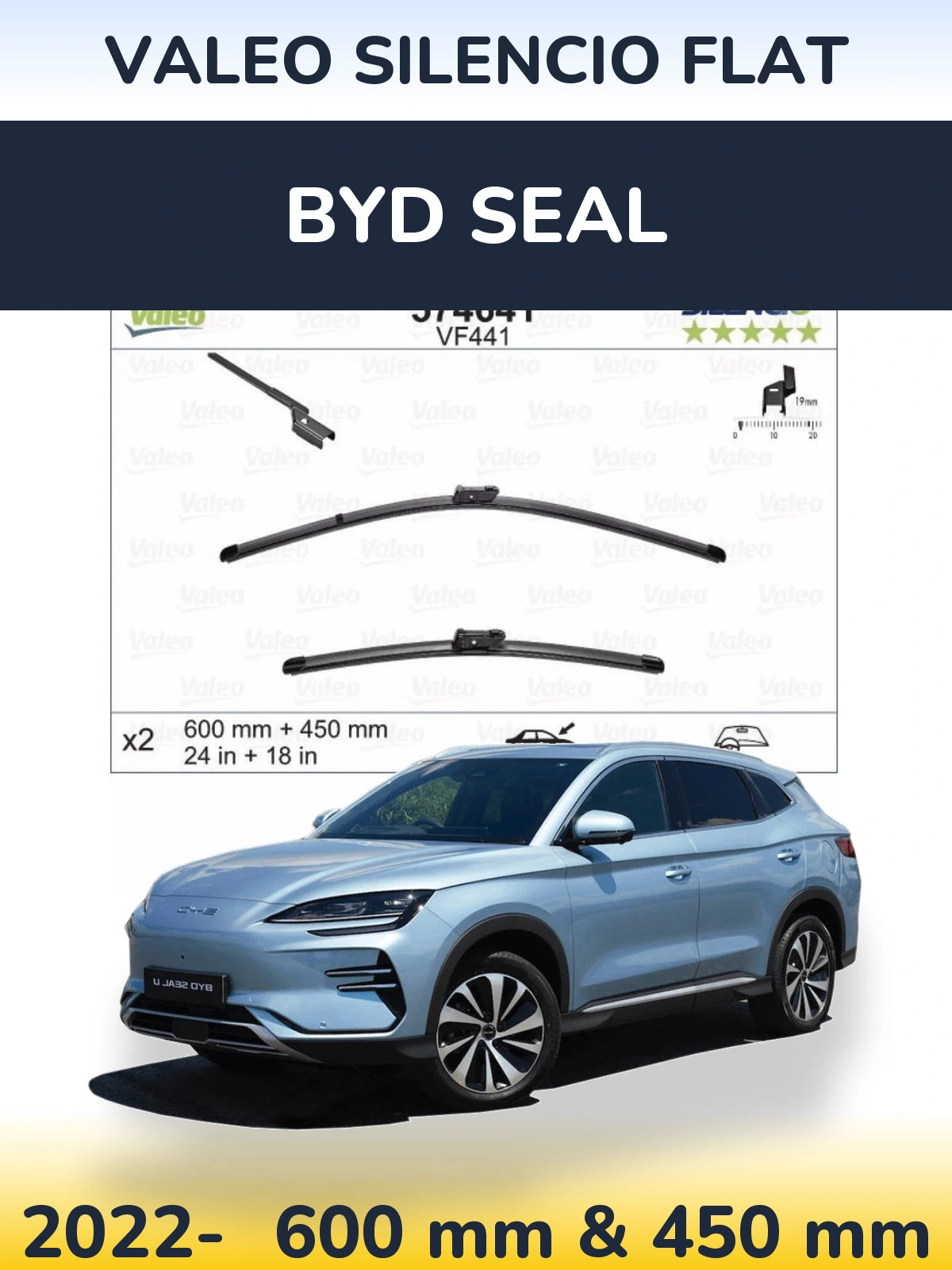 Front wiper blade set Valeo Silencio Flat 600 & 450 mm for BYD Seal 2022-2026