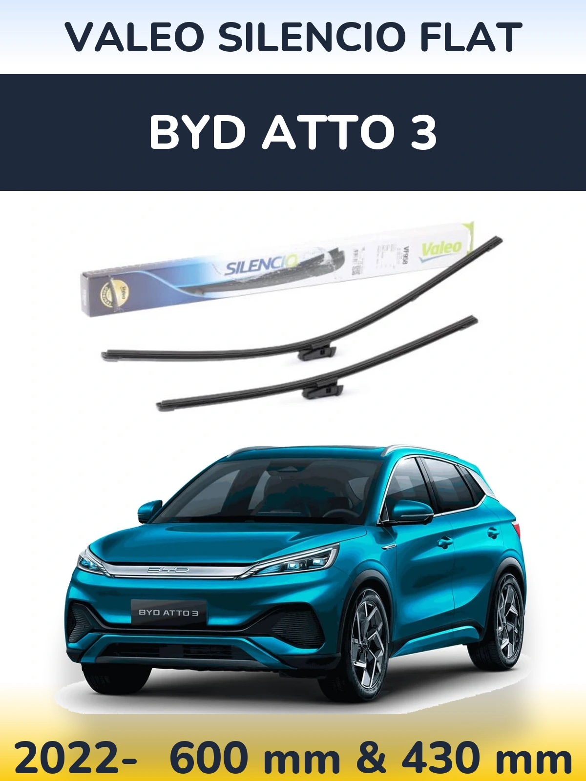 Front wiper blade set Valeo Silencio Flat 600 & 430 mm for BYD Atto 3 2022-2026