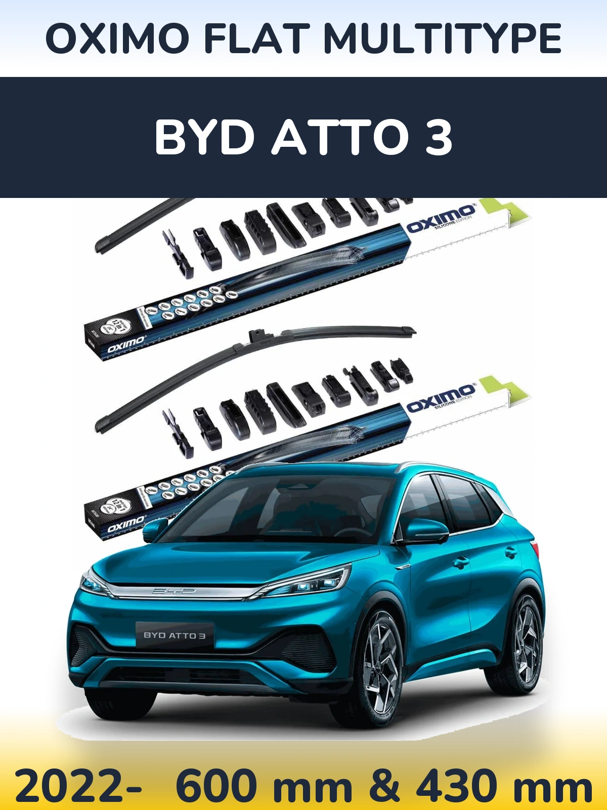 Front wiper blade set Oximo Flat MultiTipse 600 & 430 mm for BYD Atto 3 2022-2026