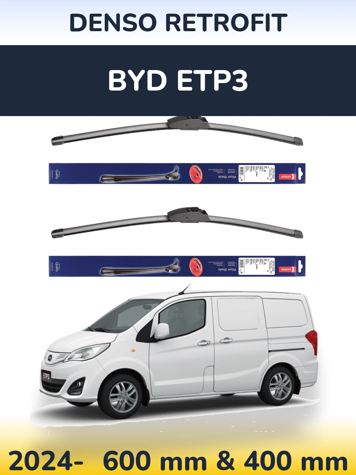 Front wiper blade set Denso Retrofit 600 & 400 mm for BYD ETP3 2024-2026