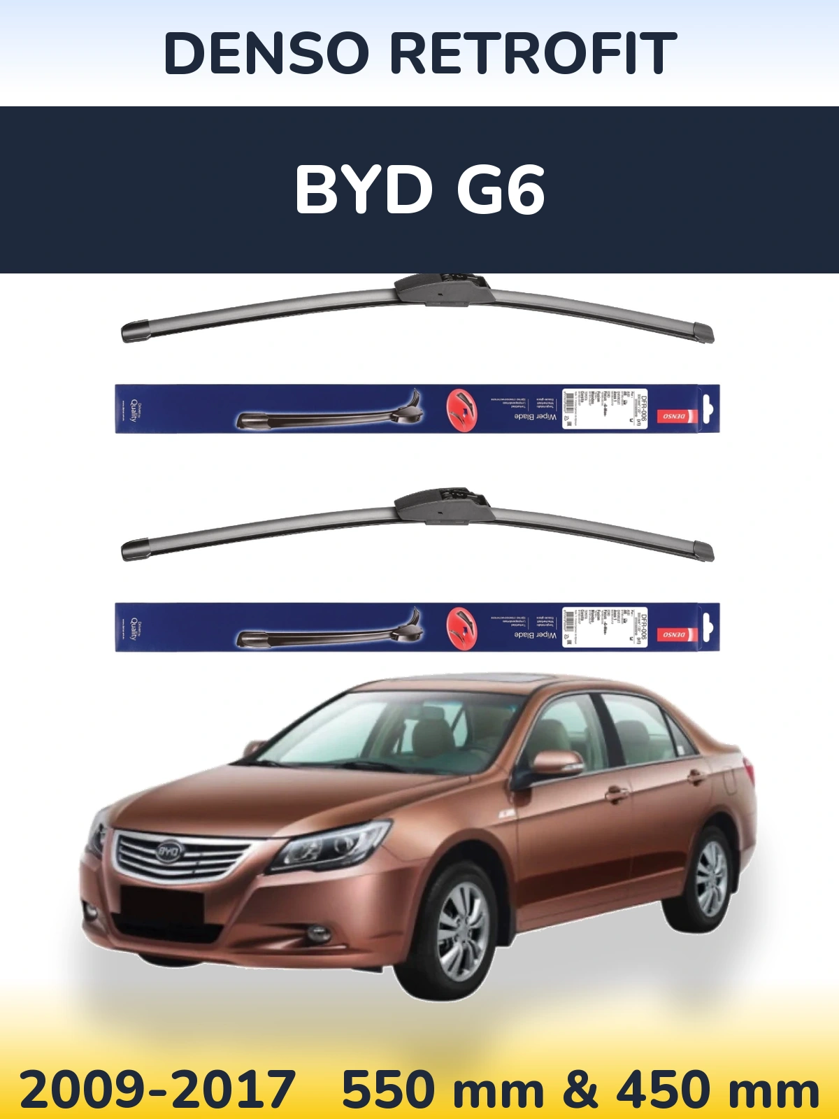 Front wiper blade set Denso Retrofit 550 & 450 mm for BYD G6 2009-2017