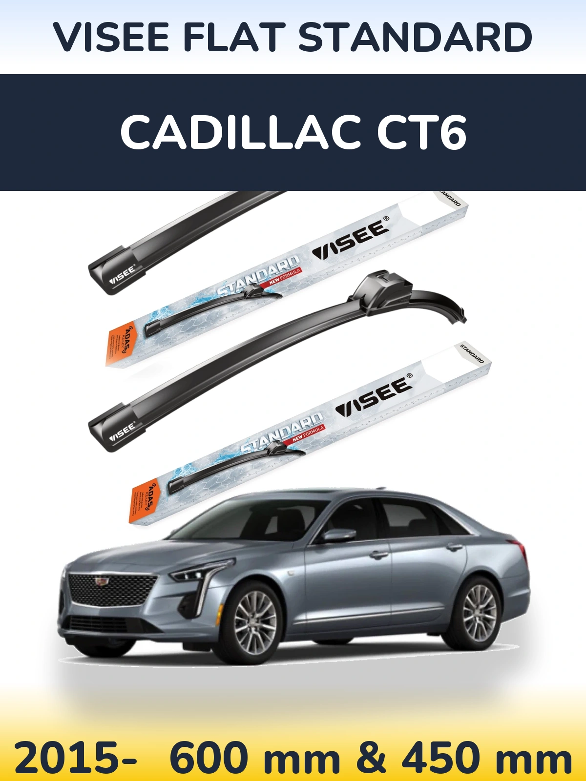 Комплект передних дворников VISEE FLAT STANDARD 600 & 450 мм для Cadillac CT6 2015-2026