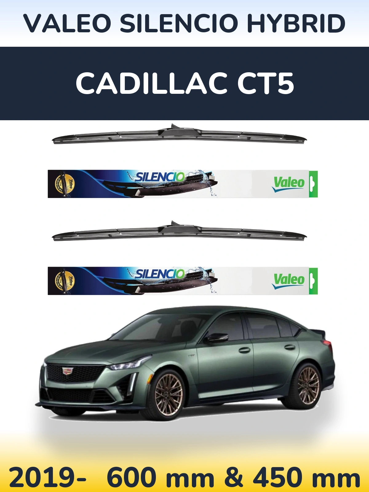 Front wiper blade set Valeo Silencio Hybrid 600 & 450 mm for Cadillac CT5 2019-2026