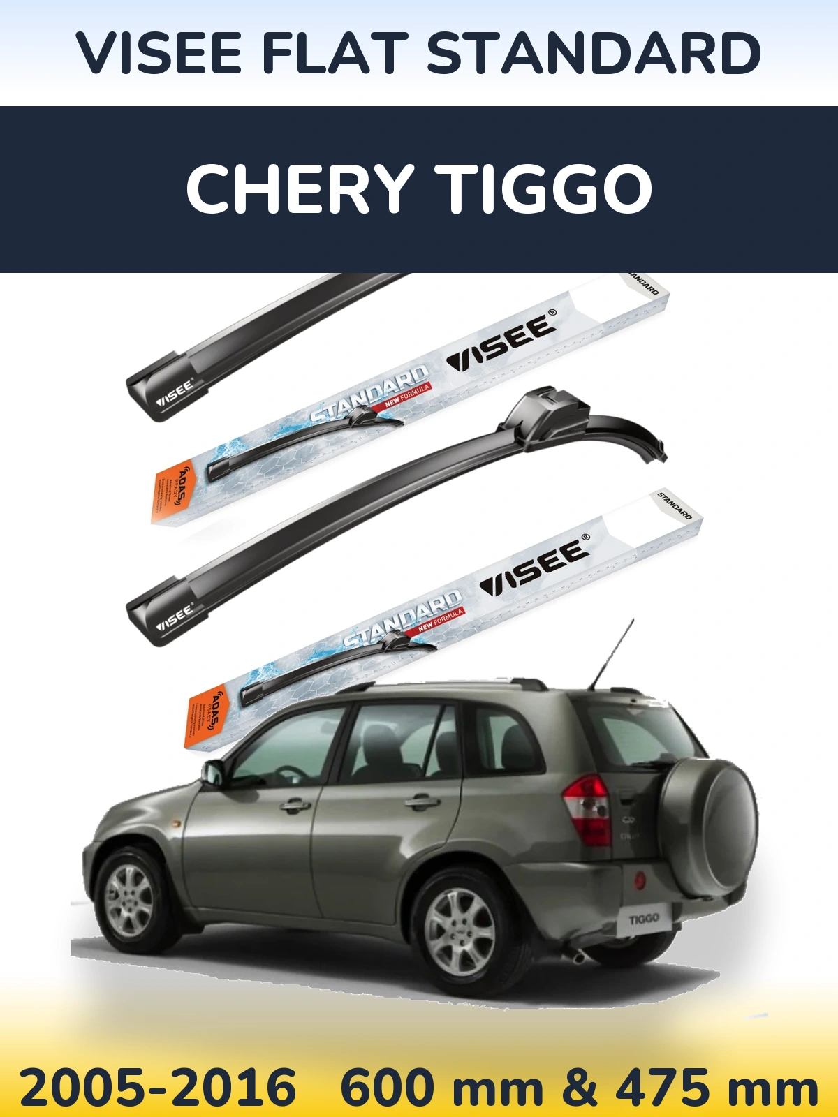 Front wiper blade set VISEE FLAT STANDARD 600 & 475 mm for Chery Tiggo 2005-2016
