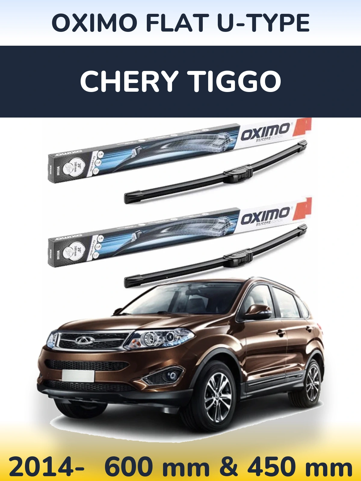 Front wiper blade set Oximo Flat U-type 600 & 450 mm for Chery Tiggo 2014-2026