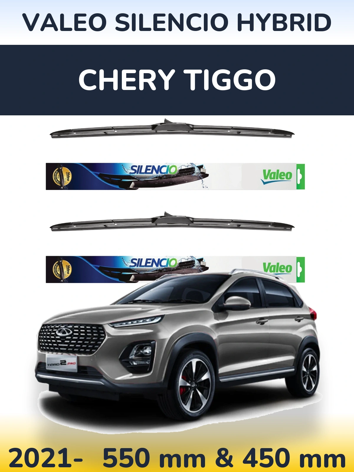 Front wiper blade set Valeo Silencio Hybrid 550 & 450 mm for Chery Tiggo 2021-2026