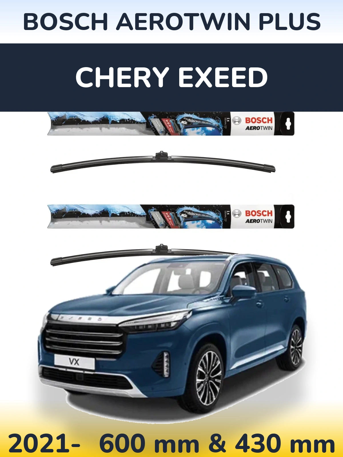 Front wiper blade set BOSCH AeroTwin Plus 600 & 430 mm for Chery Exeed 2021-2026