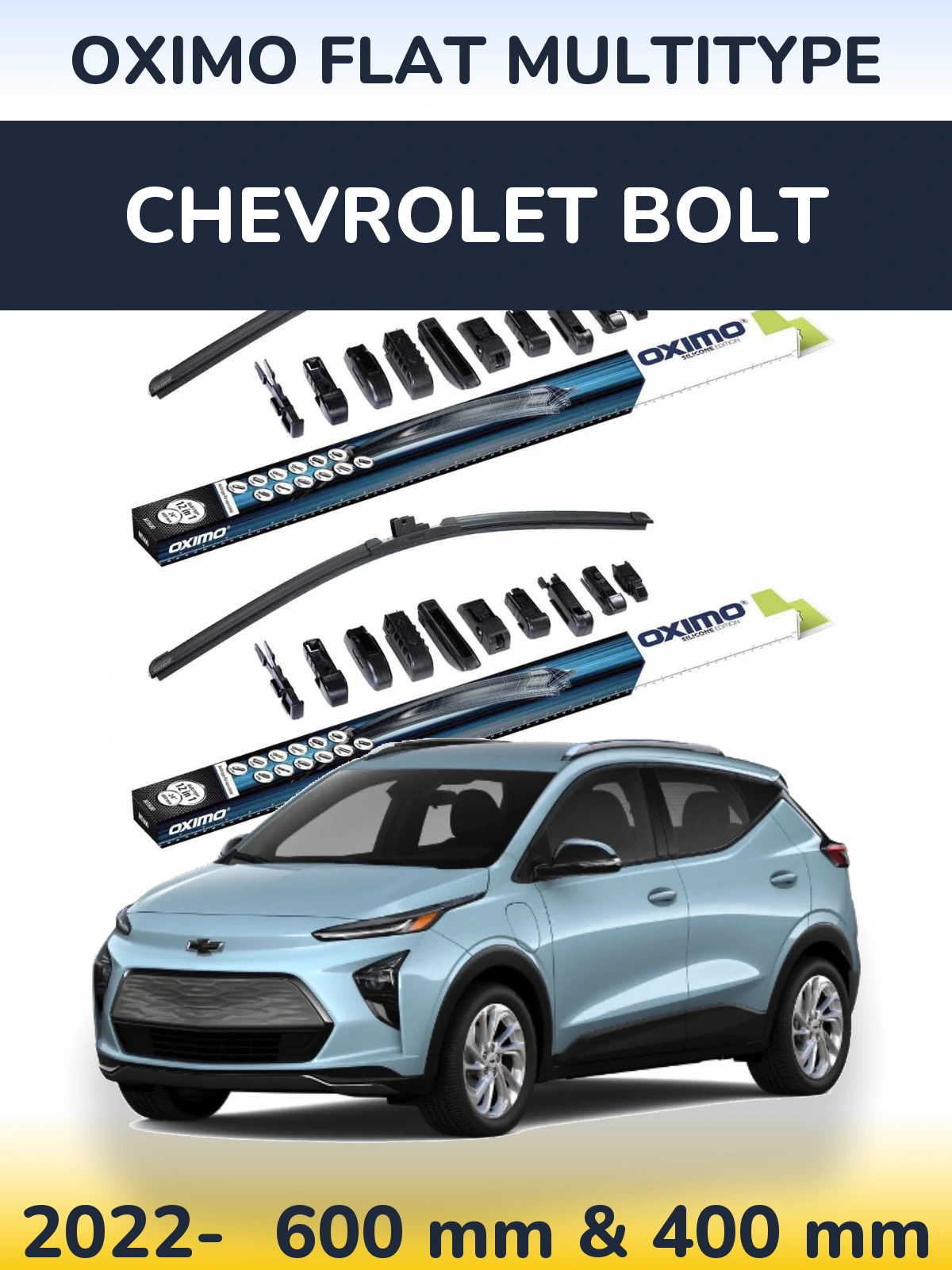Front wiper blade set Oximo Flat MultiTipse 600 & 400 mm for Chevrolet Bolt 2022-2026