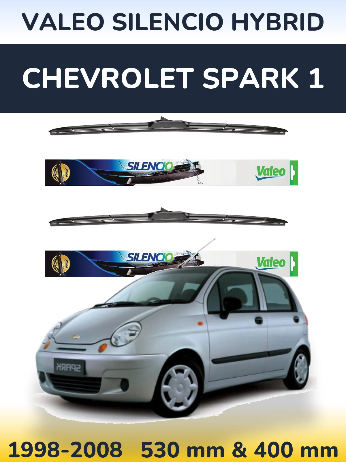 Front wiper blade set Valeo Silencio Hybrid 530 & 400 mm for Chevrolet Spark 1 1998-2008