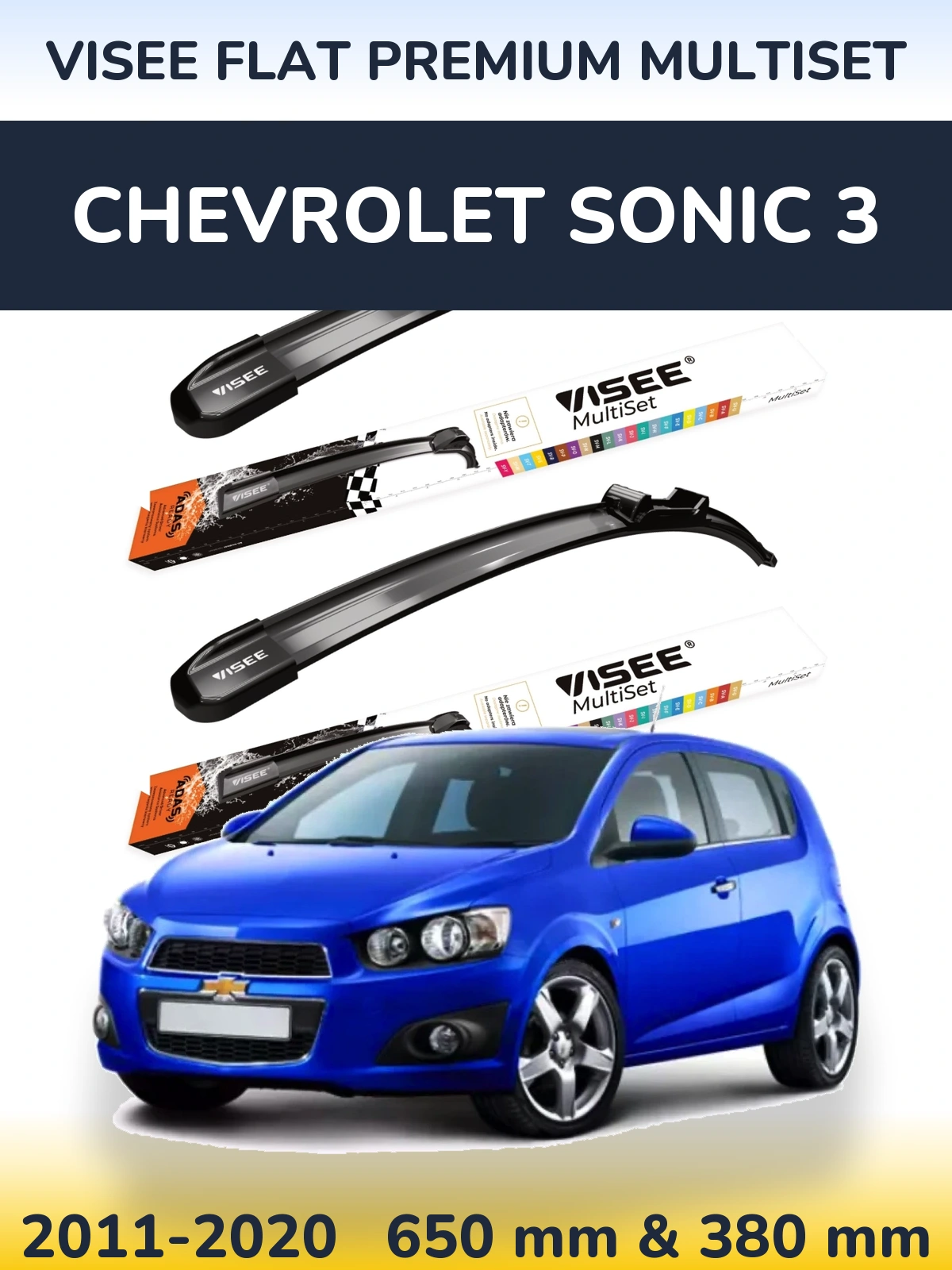 Front wiper blade set VISEE FLAT PREMIUM MultiSet 650 & 380 mm for Chevrolet Sonic 3 2011-2020