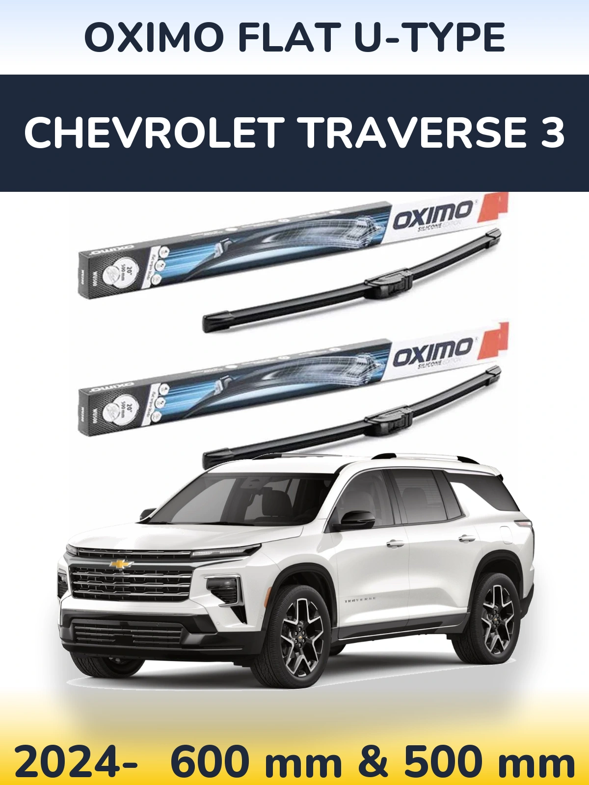 Комплект передних дворников Oximo Flat U-type 600 & 500 мм для Chevrolet Traverse 3 2024-2026