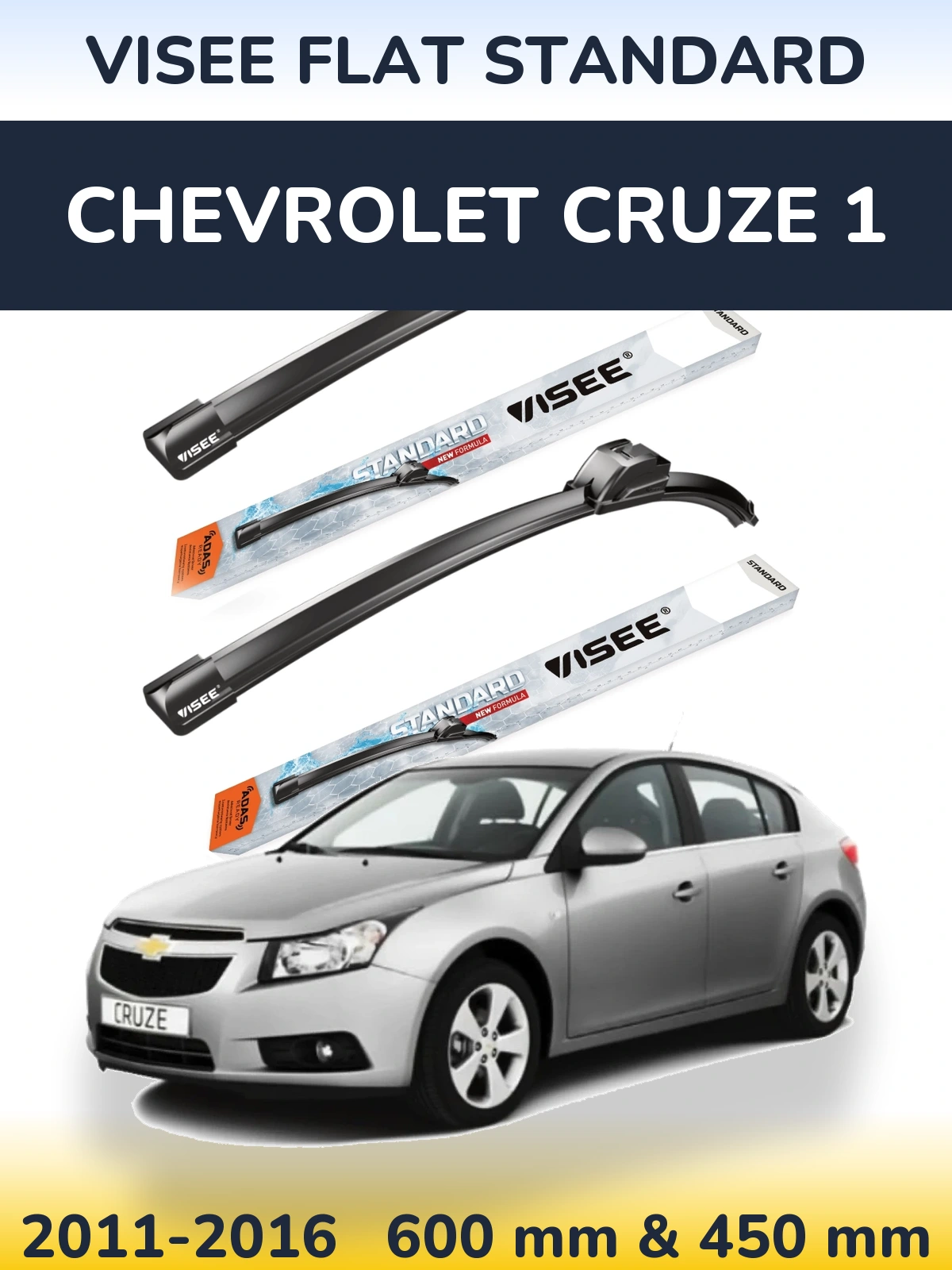 Front wiper blade set VISEE FLAT STANDARD 600 & 450 mm for Chevrolet Cruze 1 2011-2016