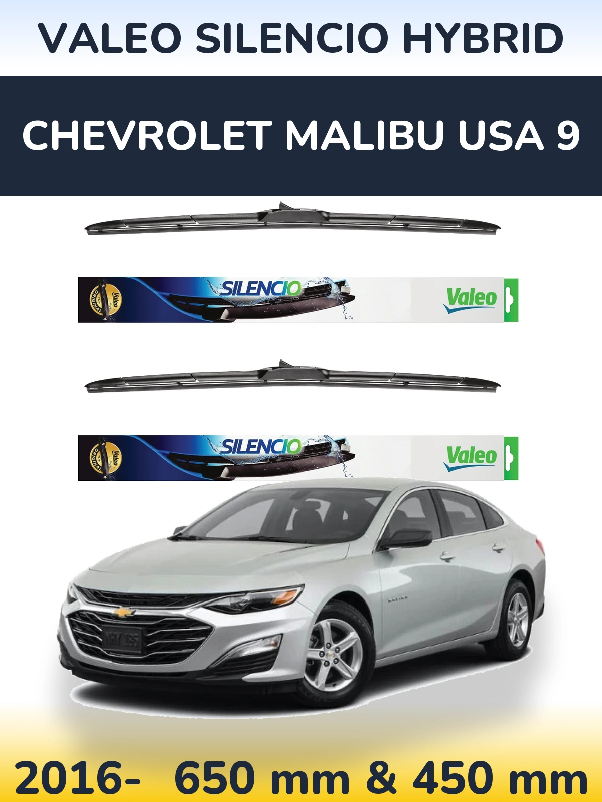 Комплект передних дворников Valeo Silencio Hybrid 650 & 450 мм для Chevrolet Malibu USA 9 2016-2026