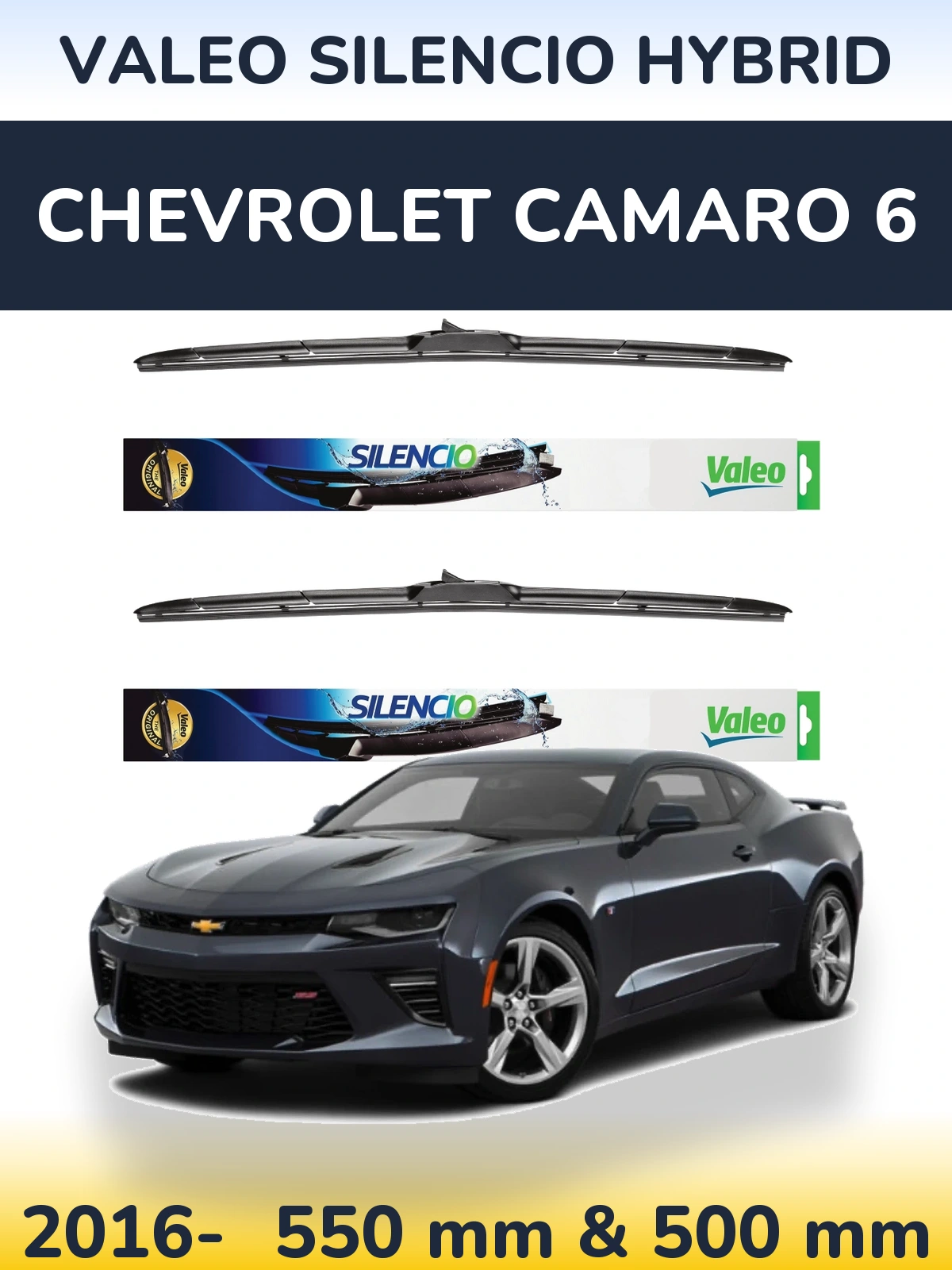 Front wiper blade set Valeo Silencio Hybrid 550 & 500 mm for Chevrolet Camaro 6 2016-2026