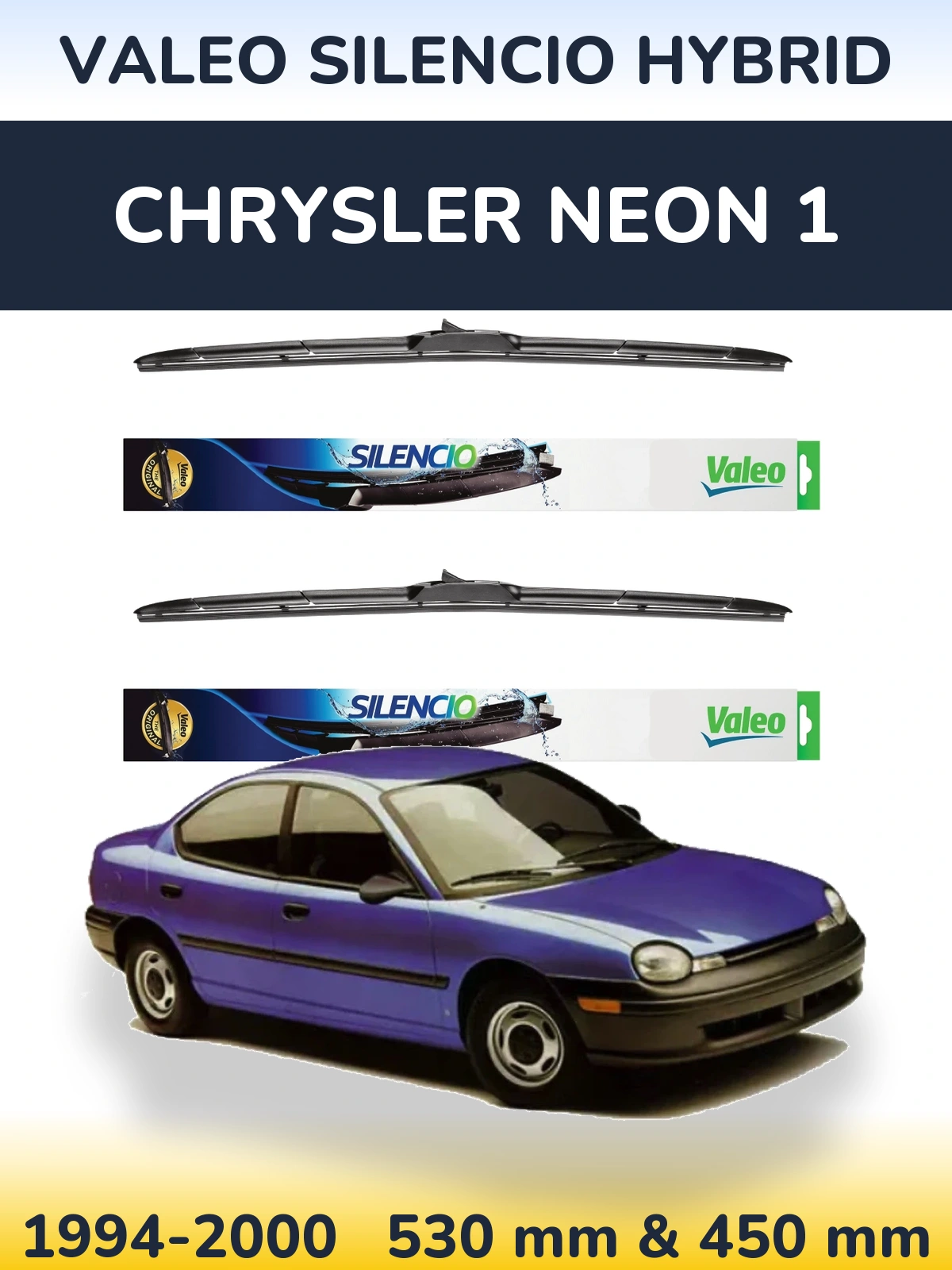 Front wiper blade set Valeo Silencio Hybrid 530 & 450 mm for Chrysler Neon 1 1994-2000