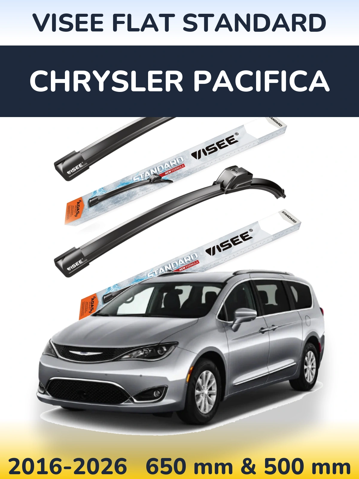 Front wiper blade set VISEE FLAT STANDARD 650 & 500 mm for Chrysler Pacifica 2016-2026