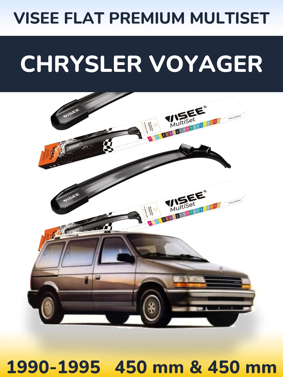 Front wiper blade set VISEE FLAT PREMIUM MultiSet 450 & 450 mm for Chrysler Voyager 1990-1995