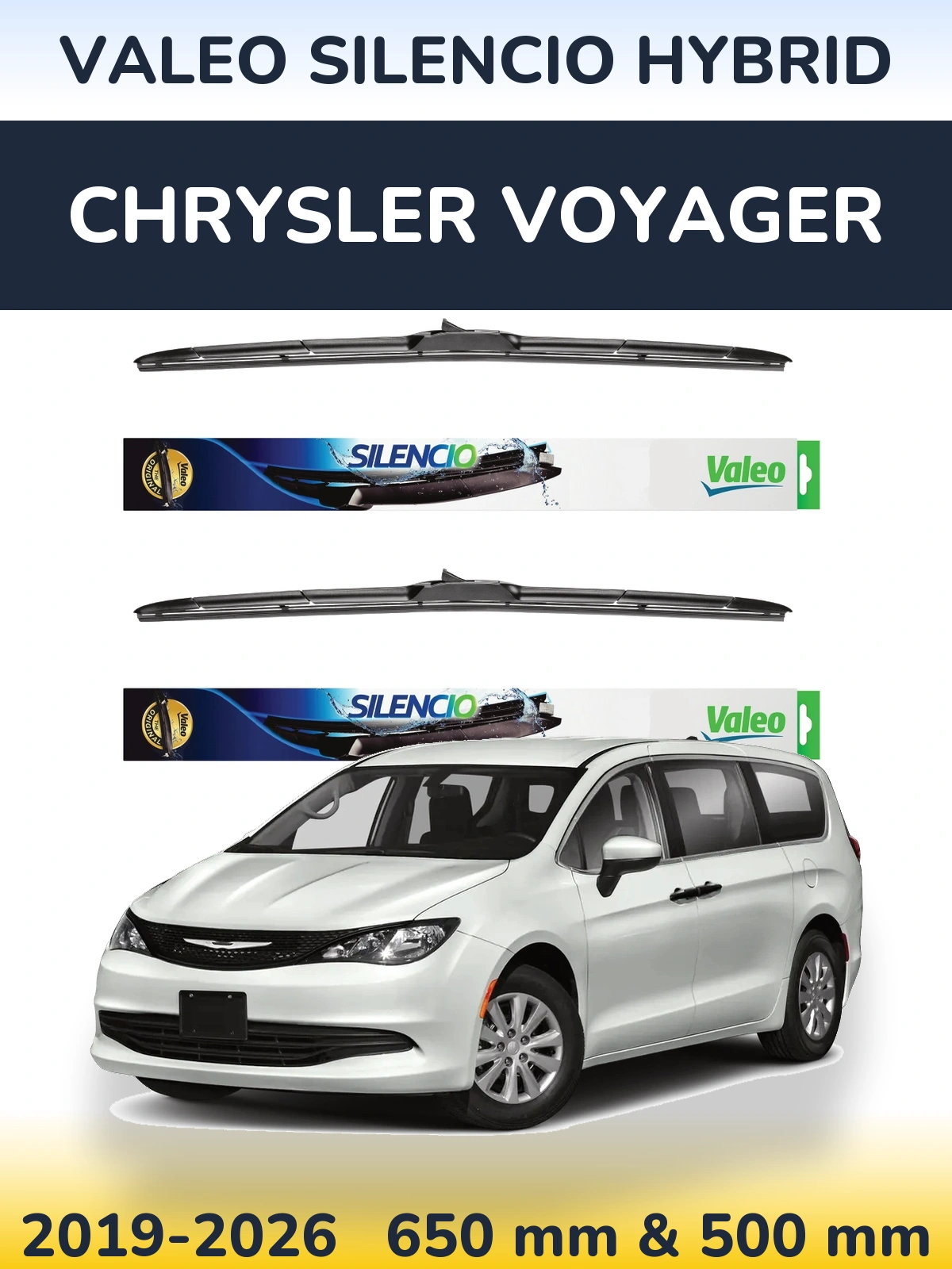 Front wiper blade set Valeo Silencio Hybrid 650 & 500 mm for Chrysler Voyager 2019-2026
