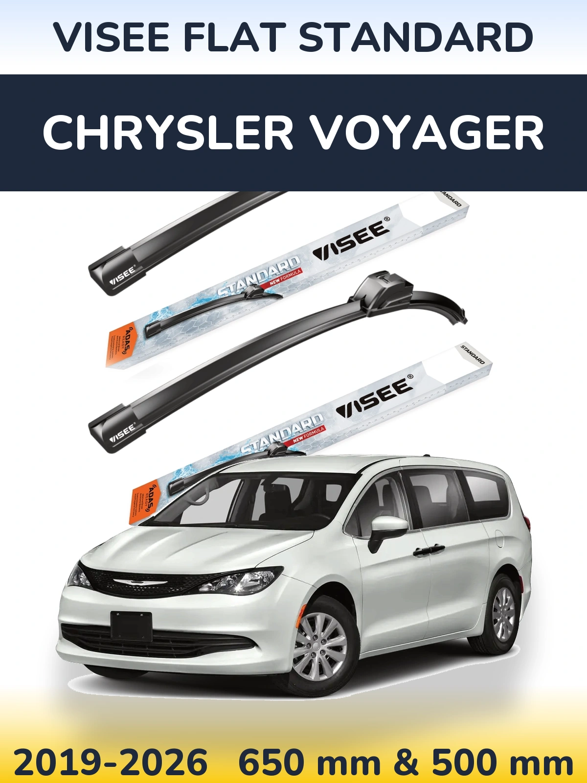 Front wiper blade set VISEE FLAT STANDARD 650 & 500 mm for Chrysler Voyager 2019-2026