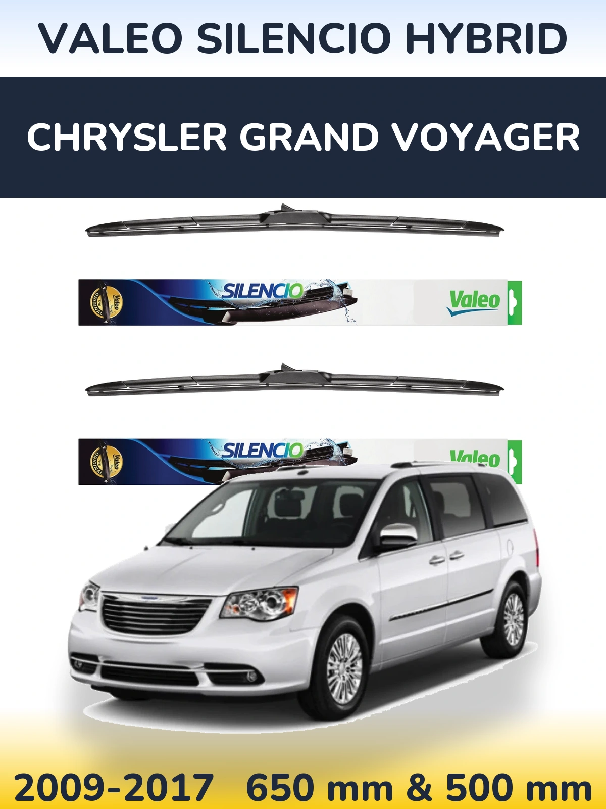 Front wiper blade set Valeo Silencio Hybrid 650 & 500 mm for Chrysler Grand Voyager 2009-2017