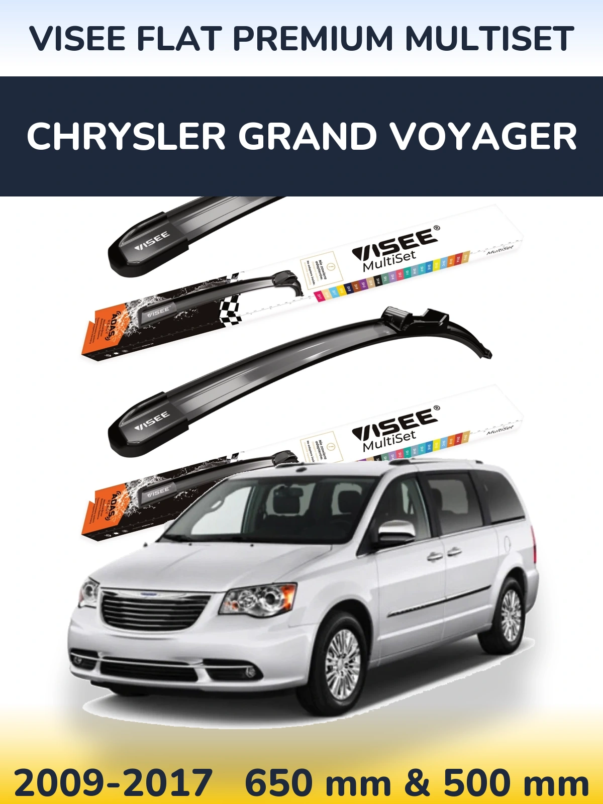 Комплект передних дворников VISEE FLAT PREMIUM MultiSet 650 & 500 мм для Chrysler Grand Voyager 2009-2017