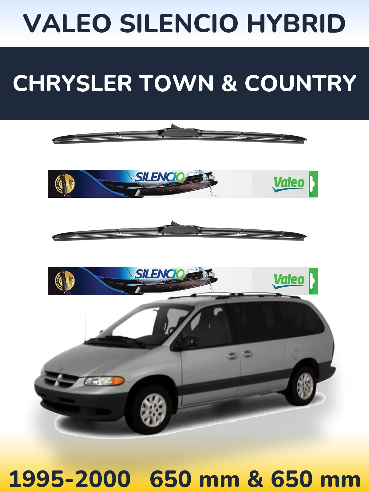 Front wiper blade set Valeo Silencio Hybrid 650 & 650 mm for Chrysler Town & Country 1995-2000